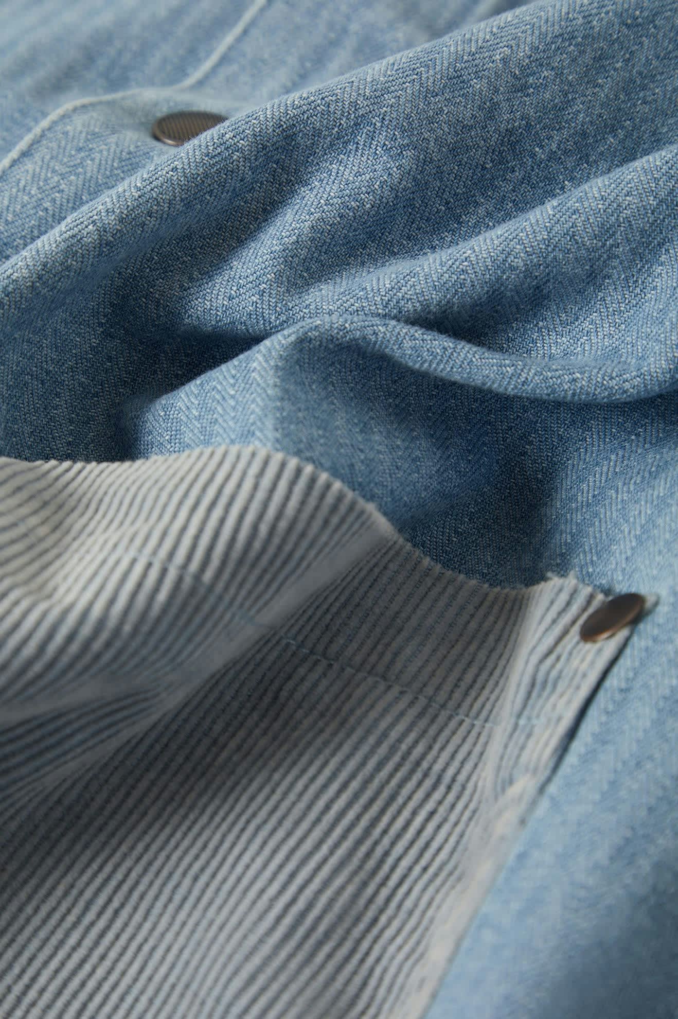 Men's Herringbone Lightweight Chore Coat in the color Light Wash Denim Herringbone - Additional Laydown image