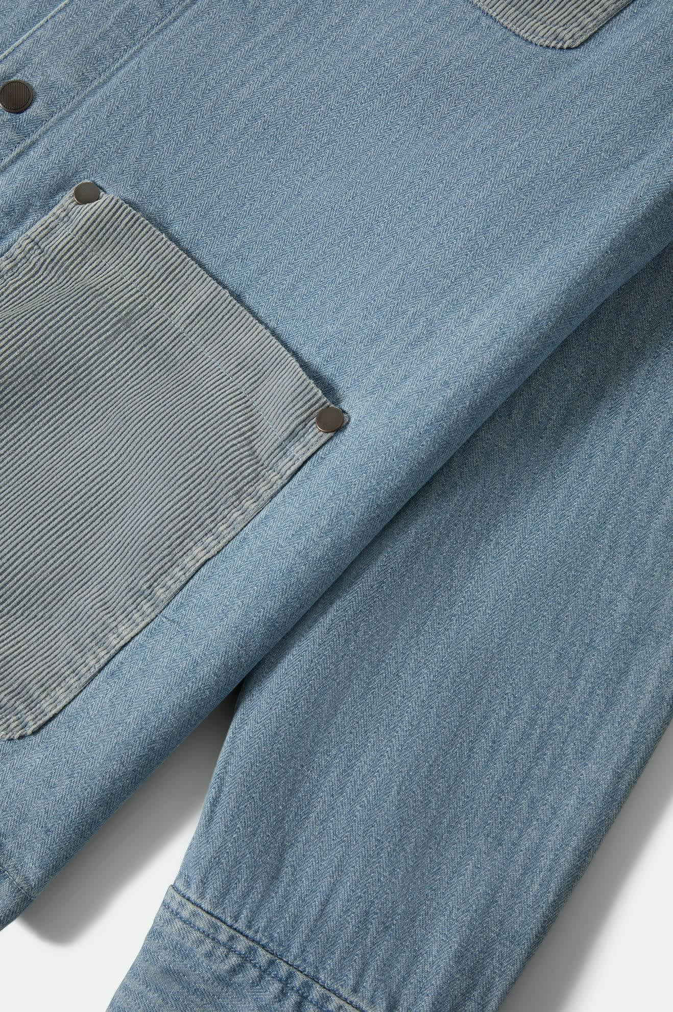 Men's Herringbone Lightweight Chore Coat in the color Light Wash Denim Herringbone - Additional Laydown image