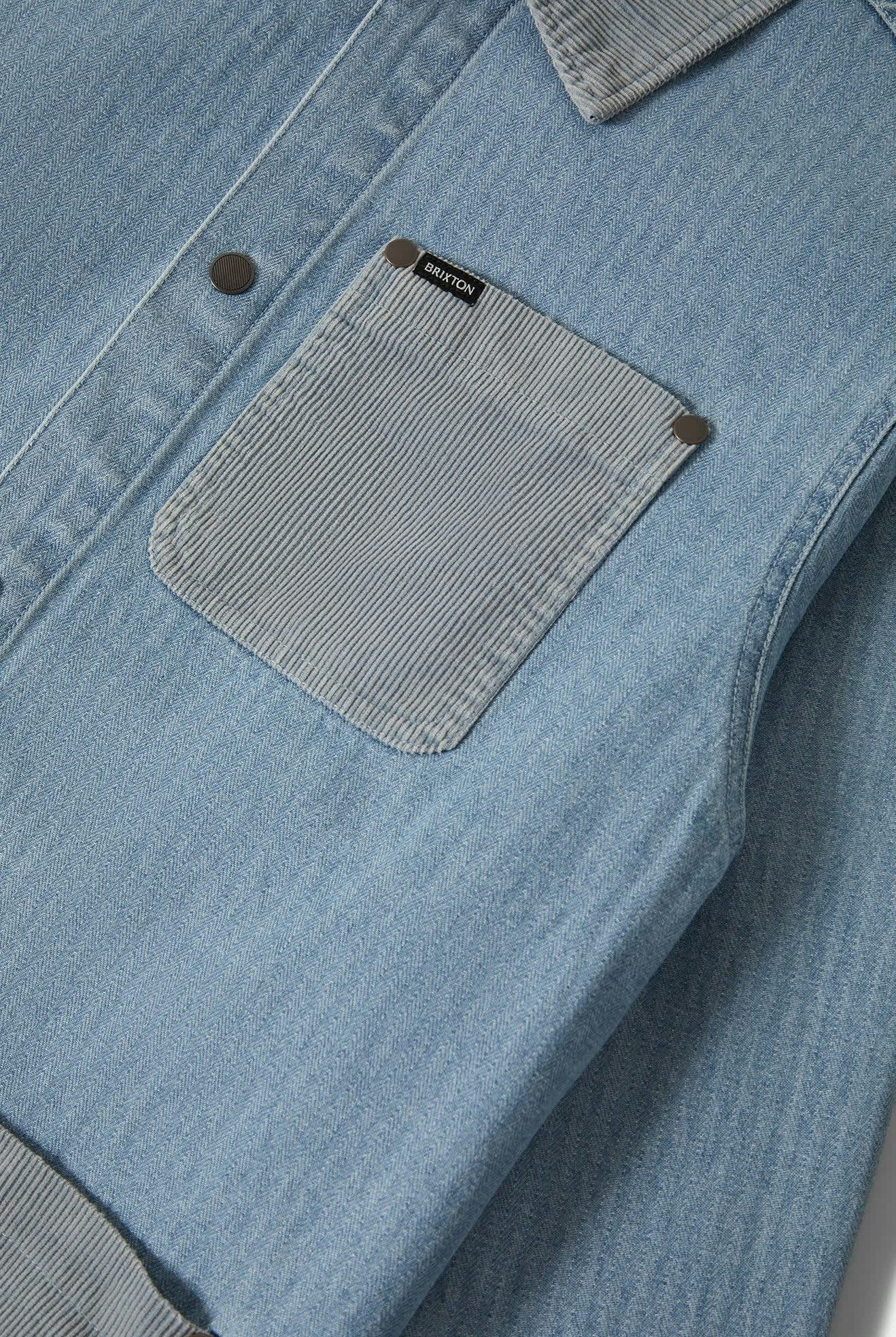 Men's Herringbone Lightweight Chore Coat in the color Light Wash Denim Herringbone - Additional Laydown image