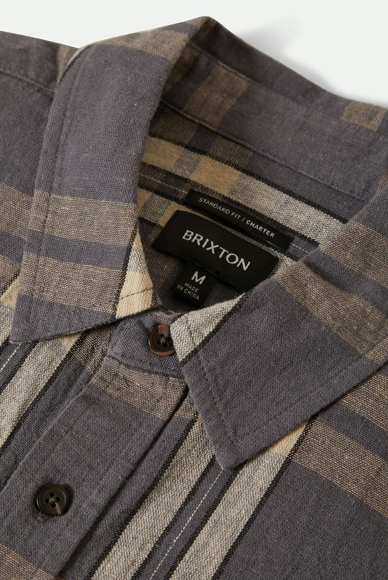 Men's Charter Linen Blend S/S Shirt in the color Charcoal/Beige Plaid - Additional Laydown image