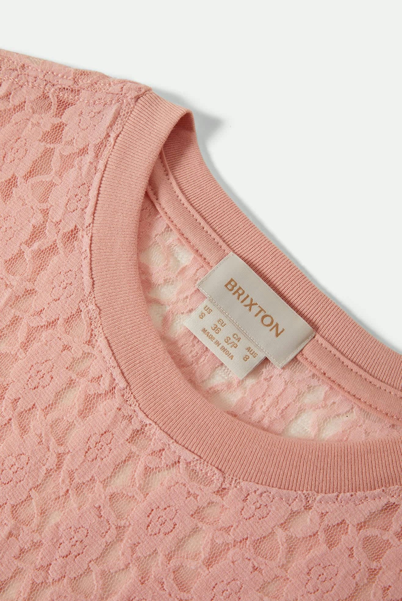 Women's Sheer Slim Lace S/S Top in the color Mellow Rose - Additional Laydown image