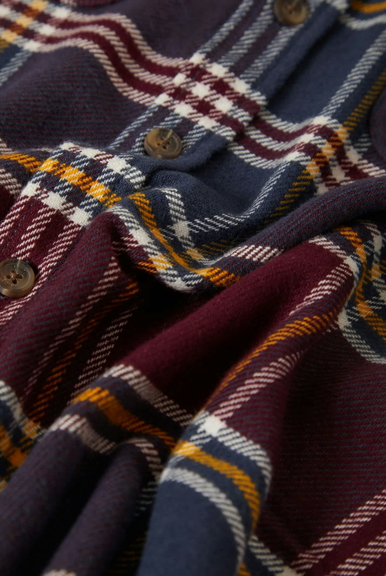 Men's Bowery L/S Flannel in the color Mood Indigo/Port/Saffron - Additional Laydown image