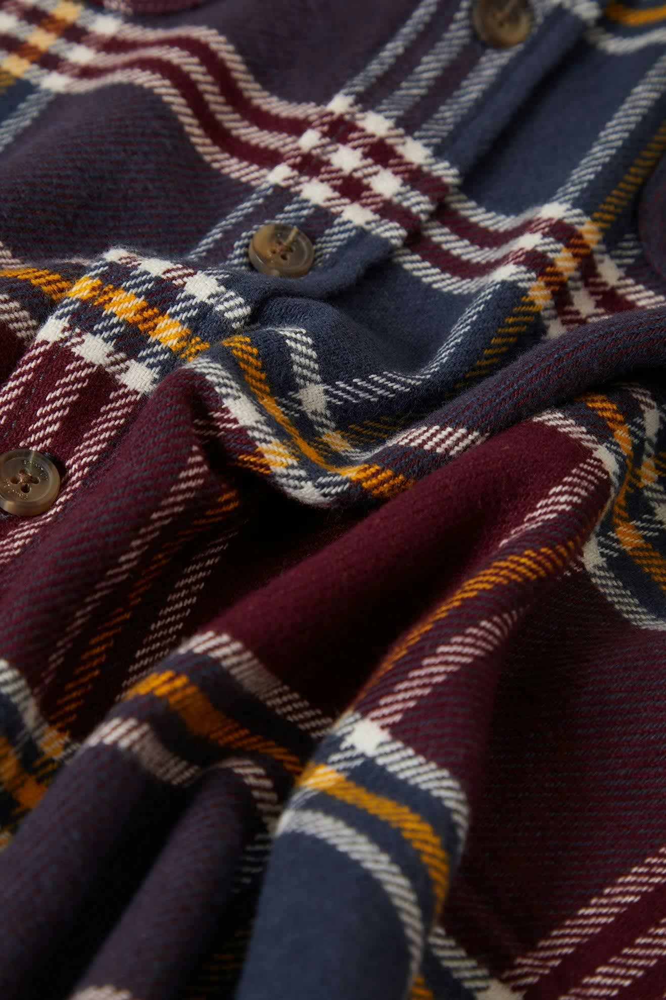 Men's Bowery L/S Flannel in the color Mood Indigo/Port/Saffron - Additional Laydown image