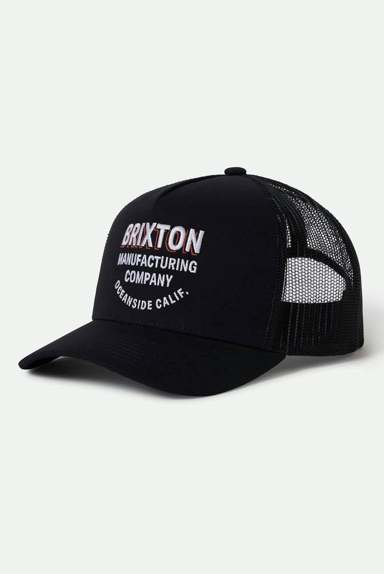 Unisex Crest Netplus Trucker Hat in the color Black/Black - Front Product View