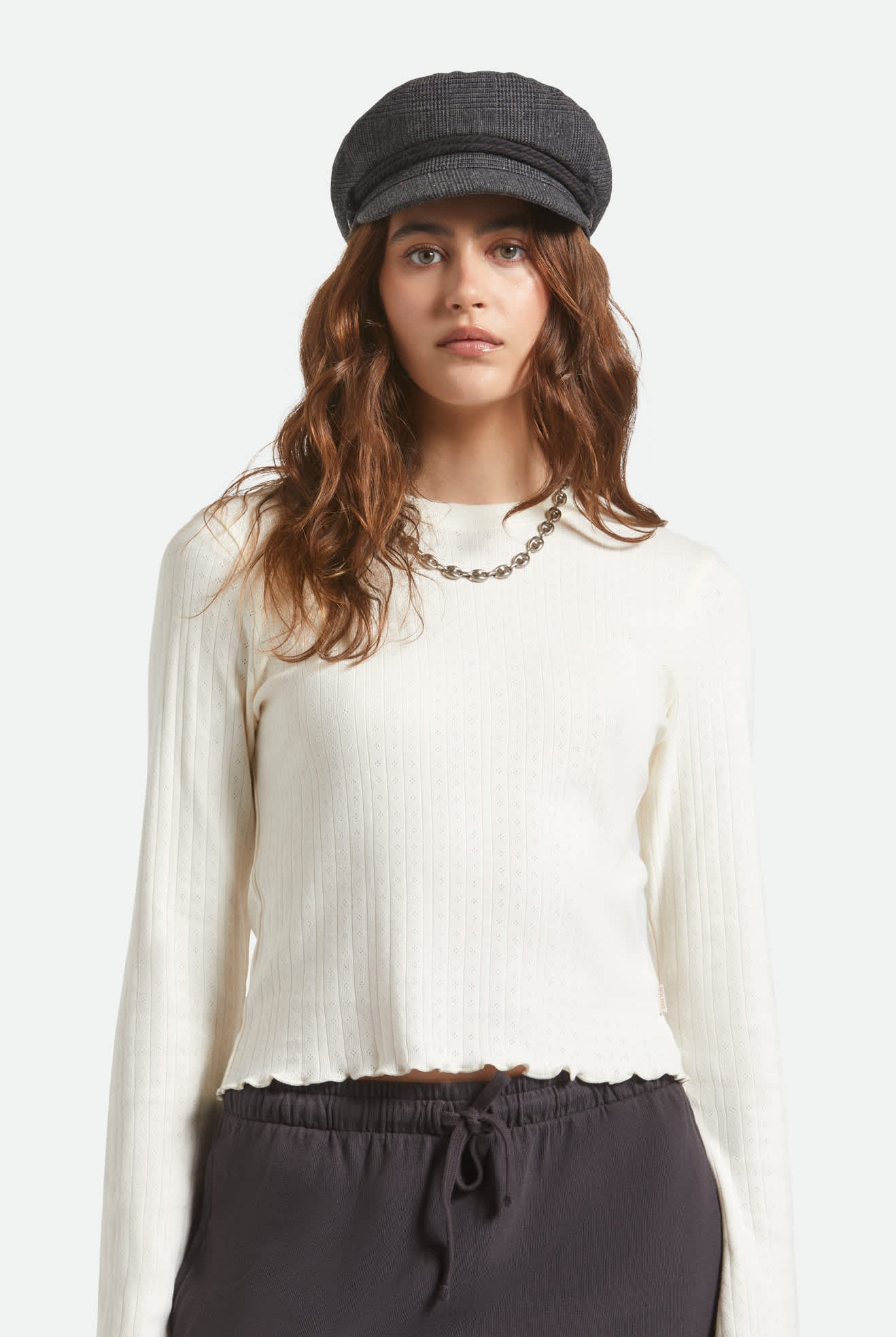 Unisex Fiddler Fisherman Cap in the color Grey Shadow Plaid - Women's Front View