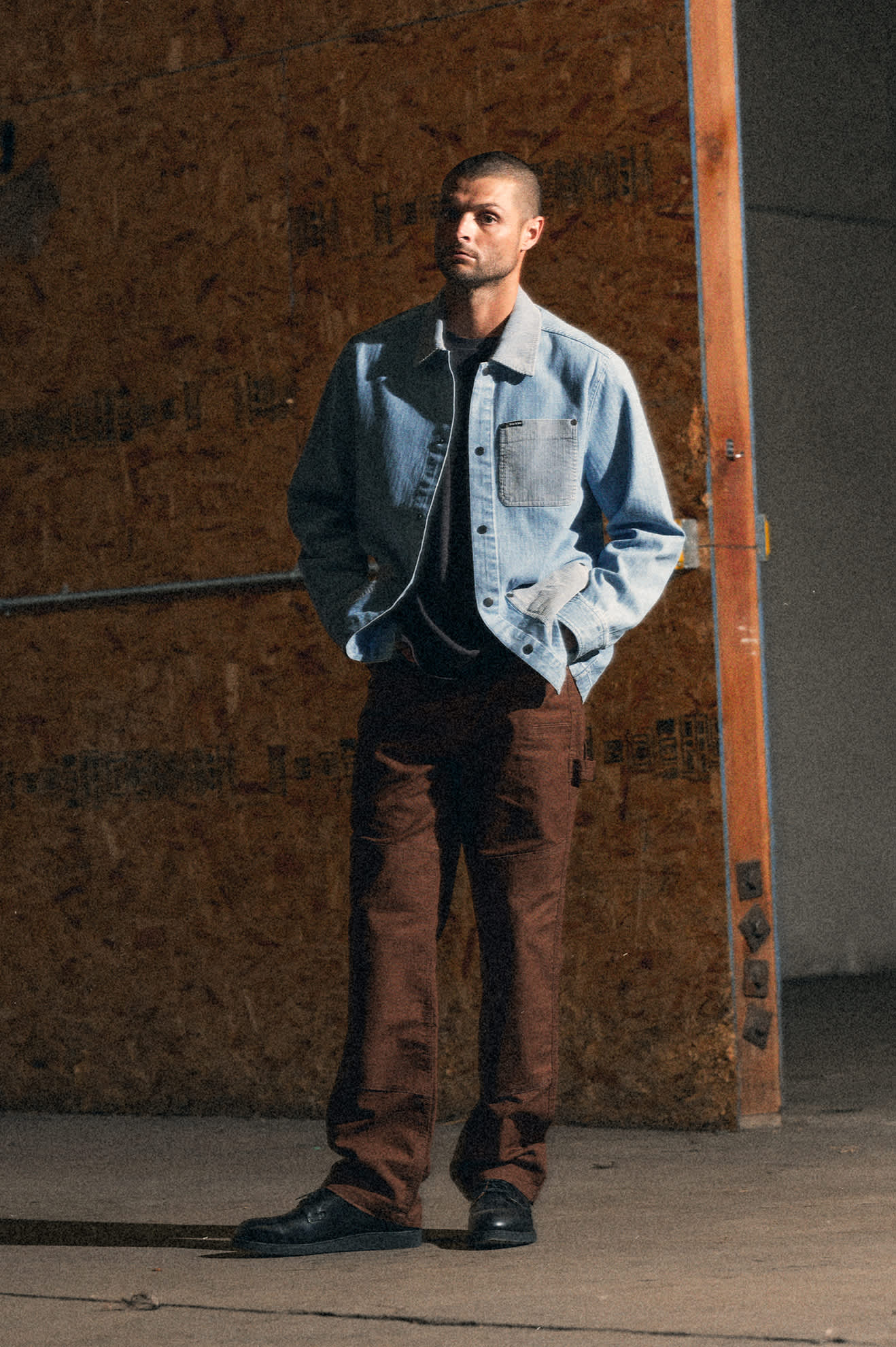Men's Herringbone Lightweight Chore Coat in the color Light Wash Denim Herringbone - Men's Lifestyle image