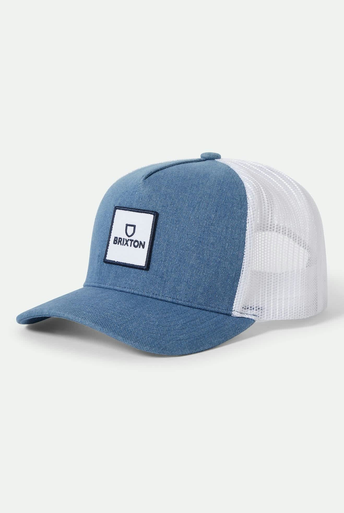 Unisex Alpha Block NetPlus Trucker Hat in the color Denim/White - Front Product View