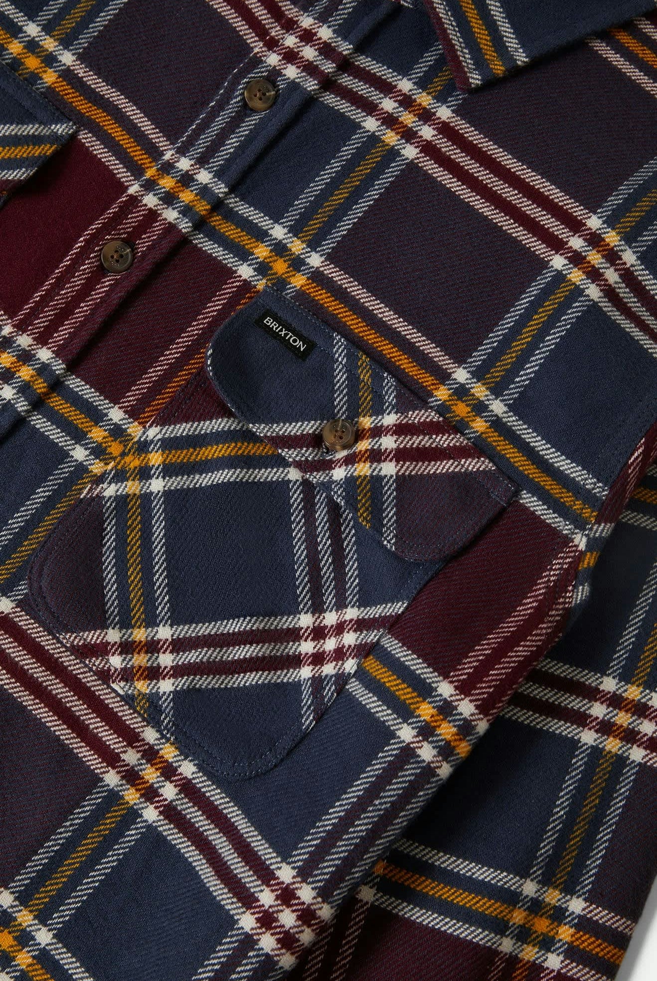 Men's Bowery L/S Flannel in the color Mood Indigo/Port/Saffron - Additional Laydown image