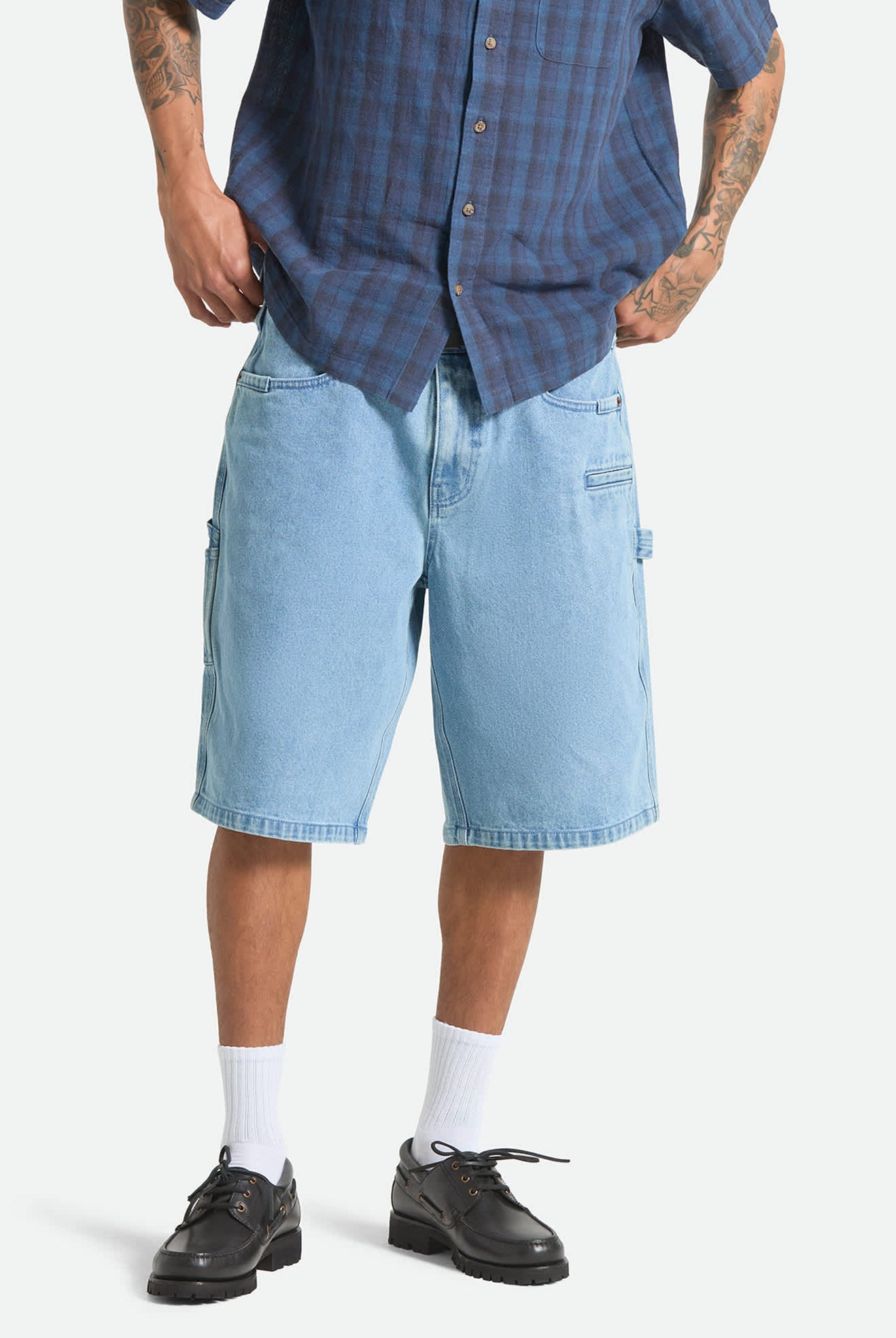 Men's Builders Carpenter Baggy Short in the color Washed Blue Denim - Men's Front View