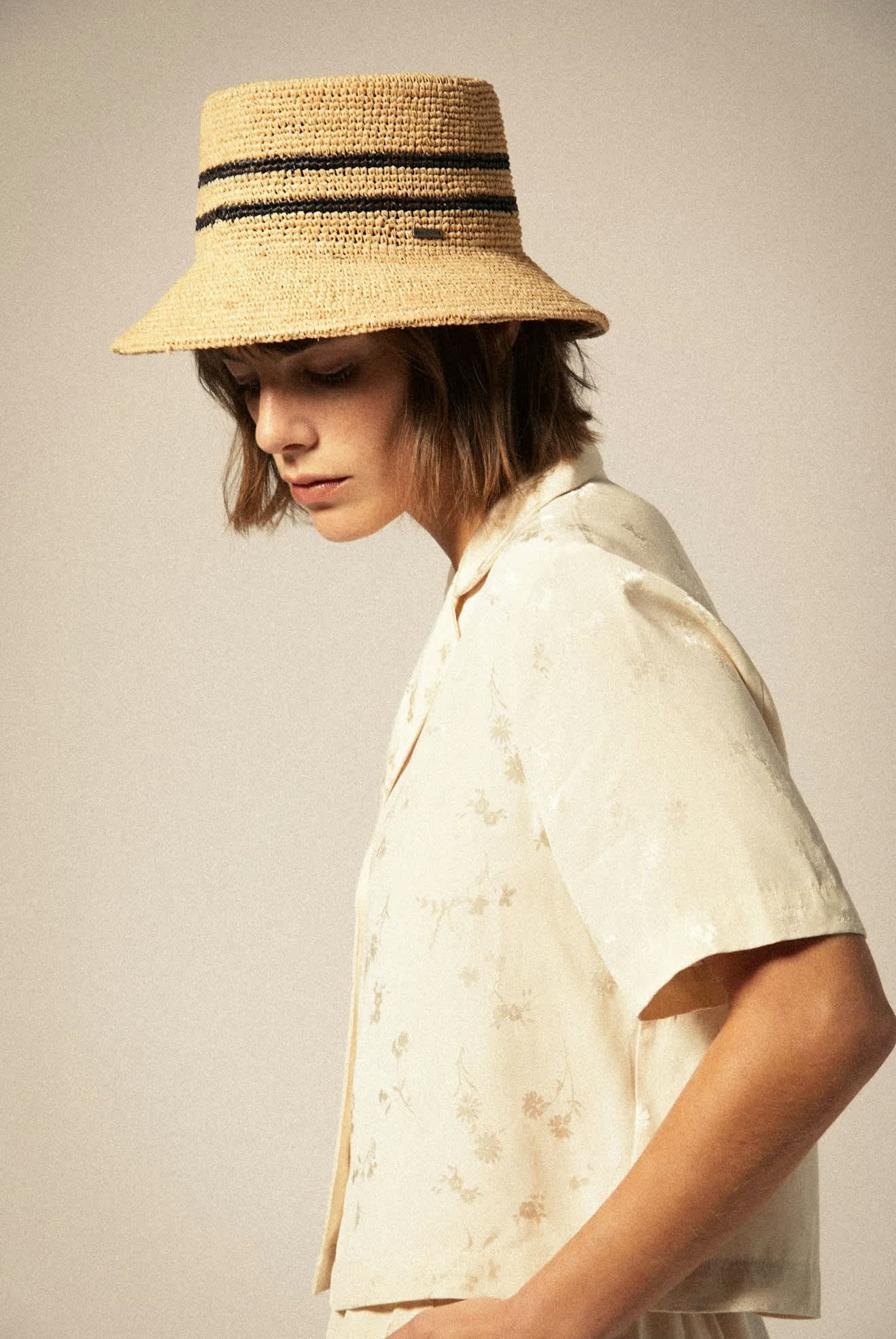 Women's Ellee Straw Bucket Hat in the color Tan/Black - Women's Side View