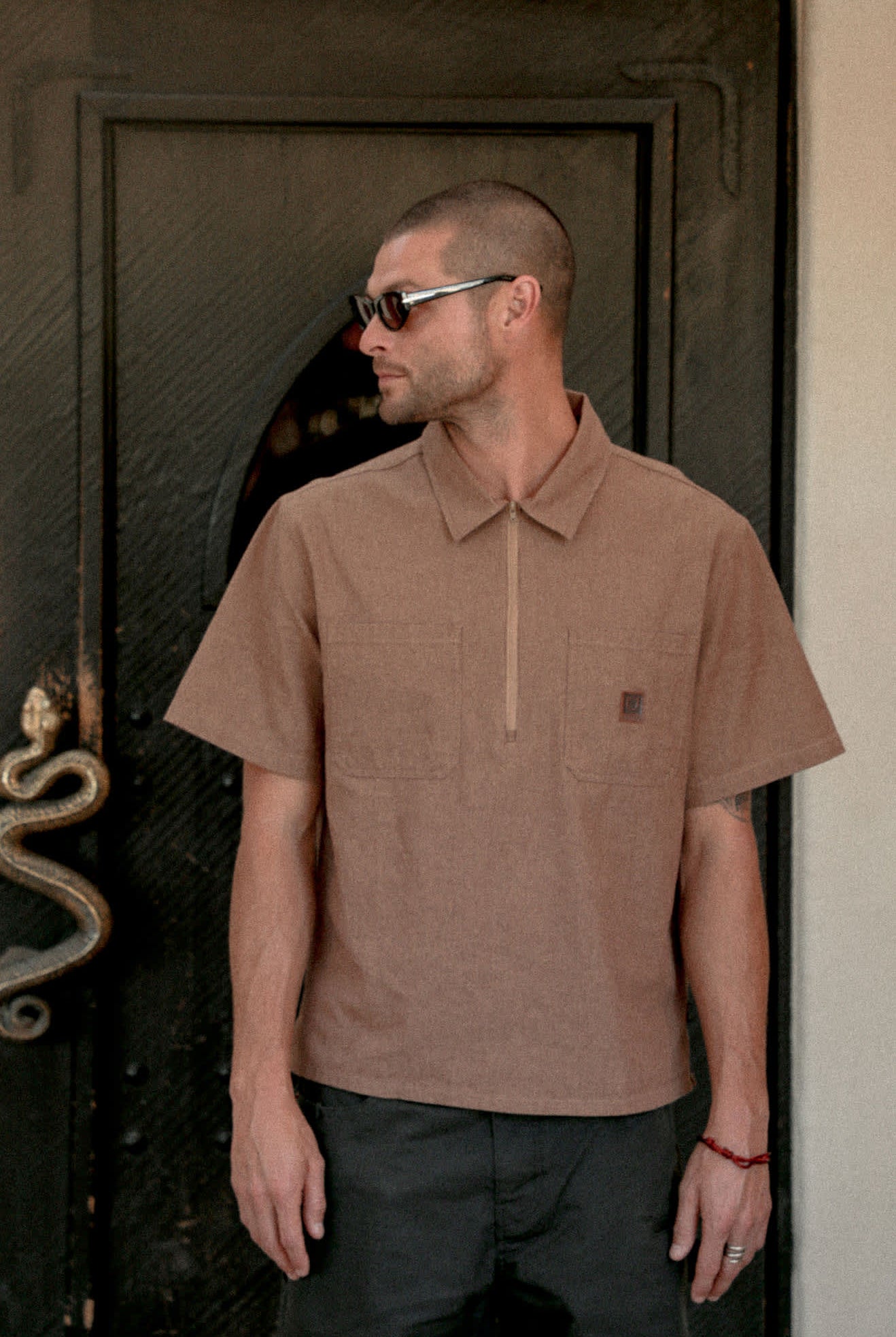 Men's Brakeman Half Zip Short Sleeve Shirt in the color Brown/Tan Stripe - Men's Lifestyle image