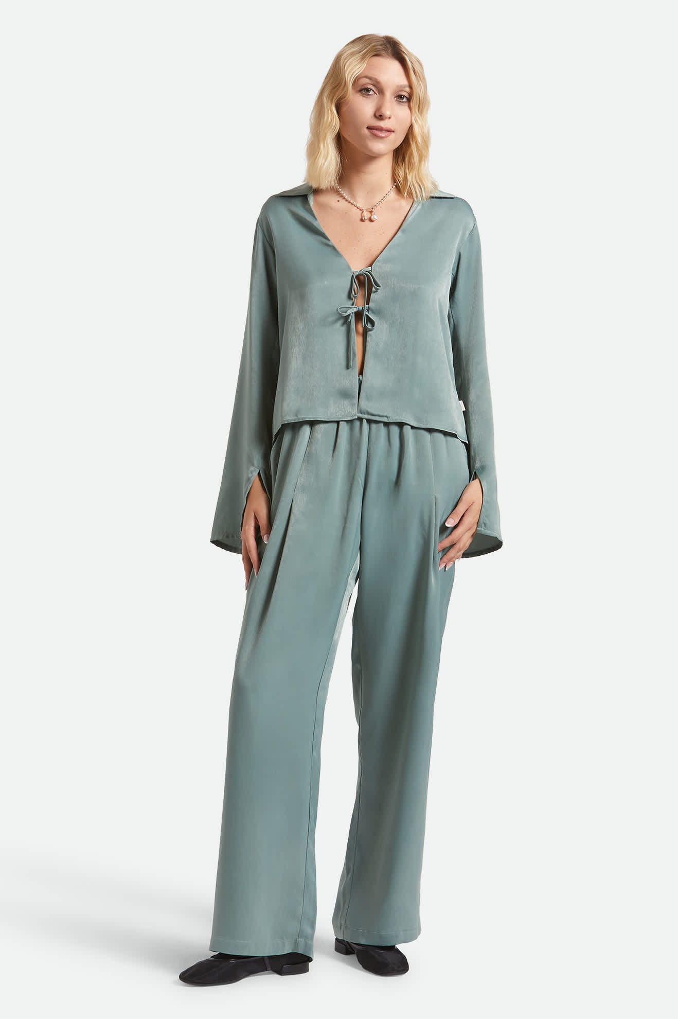Women's Soho Silky Pant in the color Blue Green Shine - Women's Back View