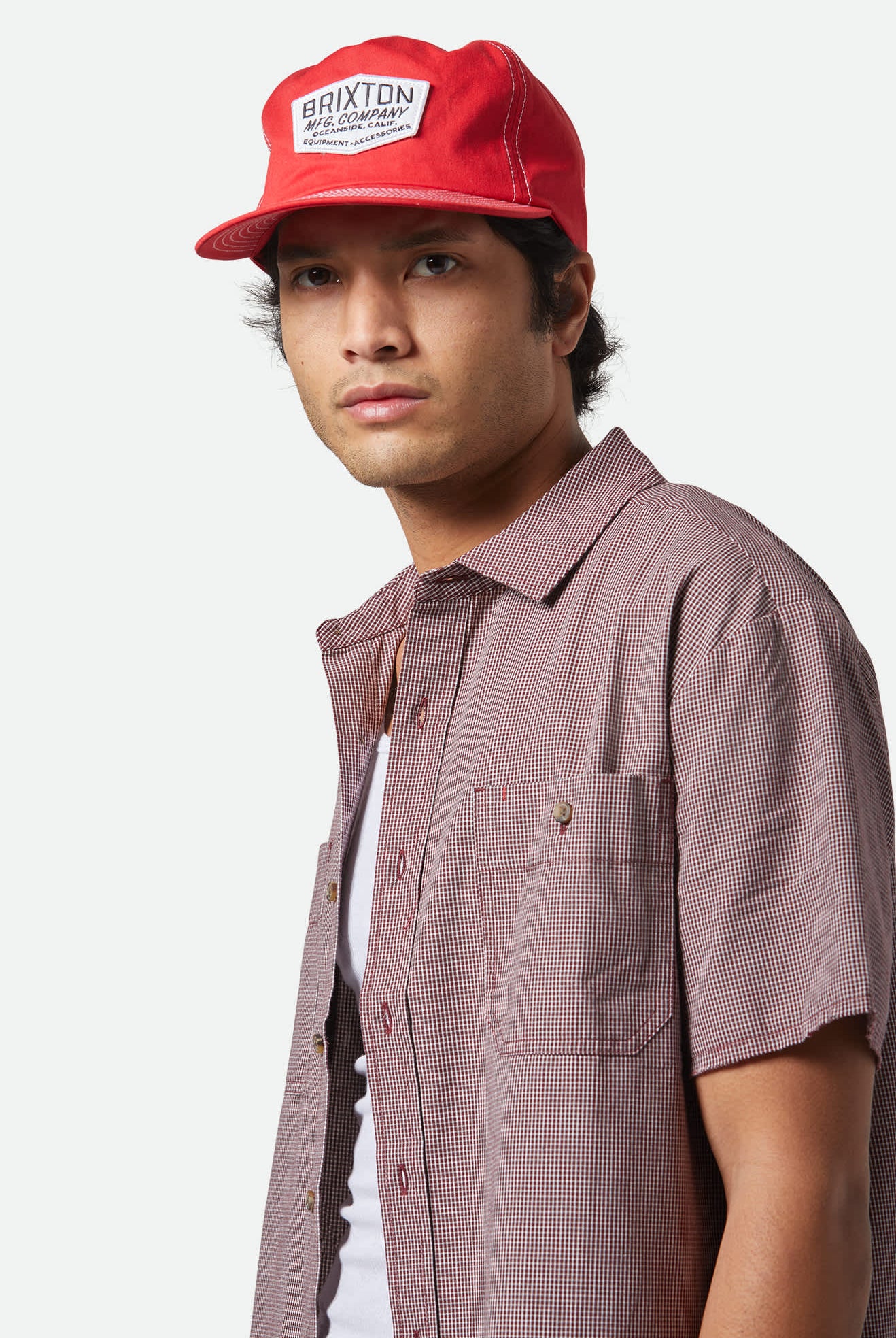 Men's CRU Micro Plaid Relaxed S/S Shirt in the color Cordovan Red Micro Plaid - Additional Fit View