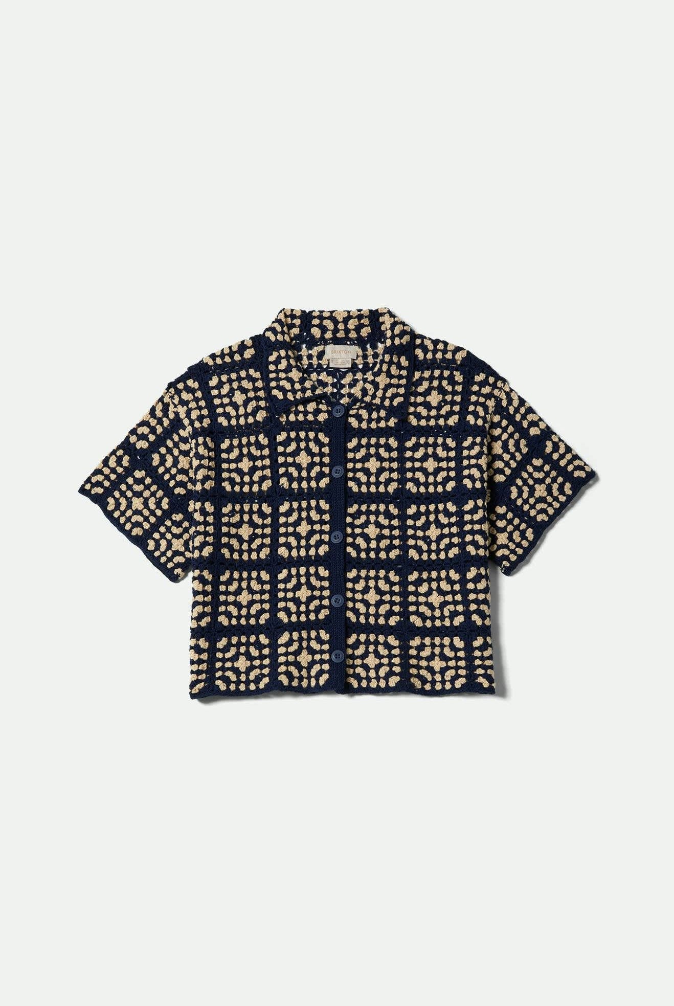 Women's Crochet S/S Button Down in the color Mood Indigo/Off White - Front Product View