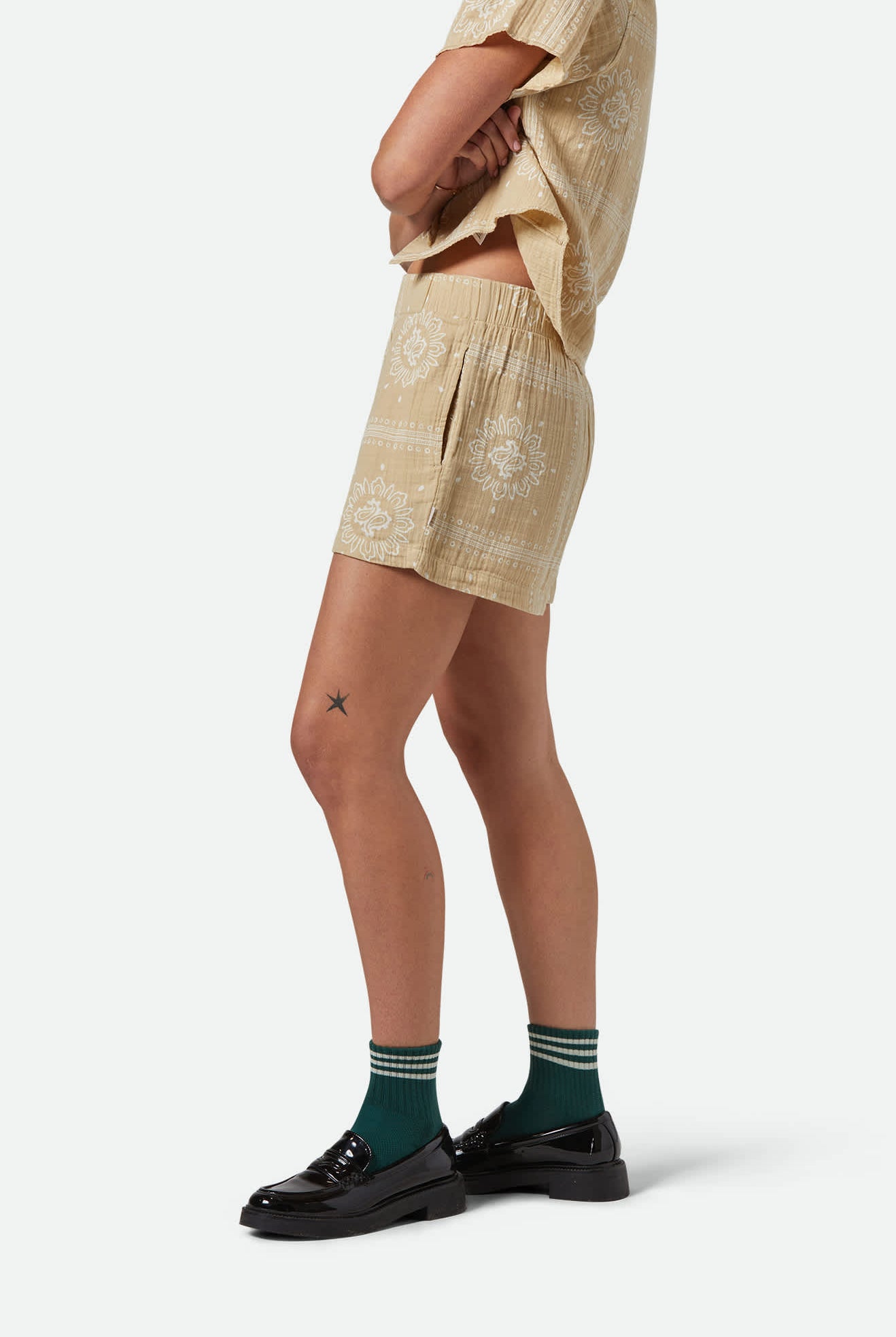 Women's Wandering Short in the color Pale Khaki Bandana - Women's Side View