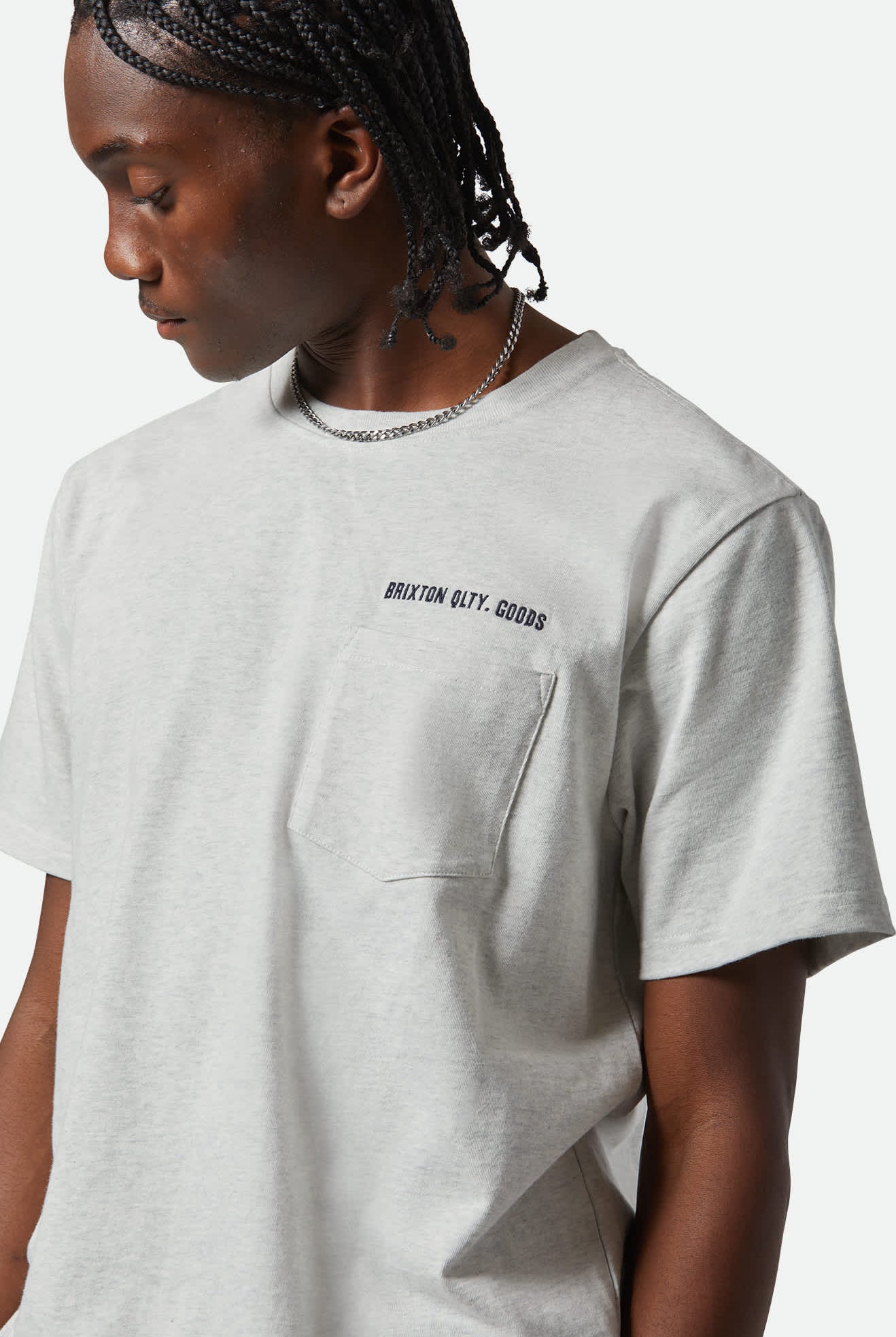 Men's Embroidered Heavyweight S/S Pocket T-Shirt in the color Heather Grey Ash - Additional Fit image