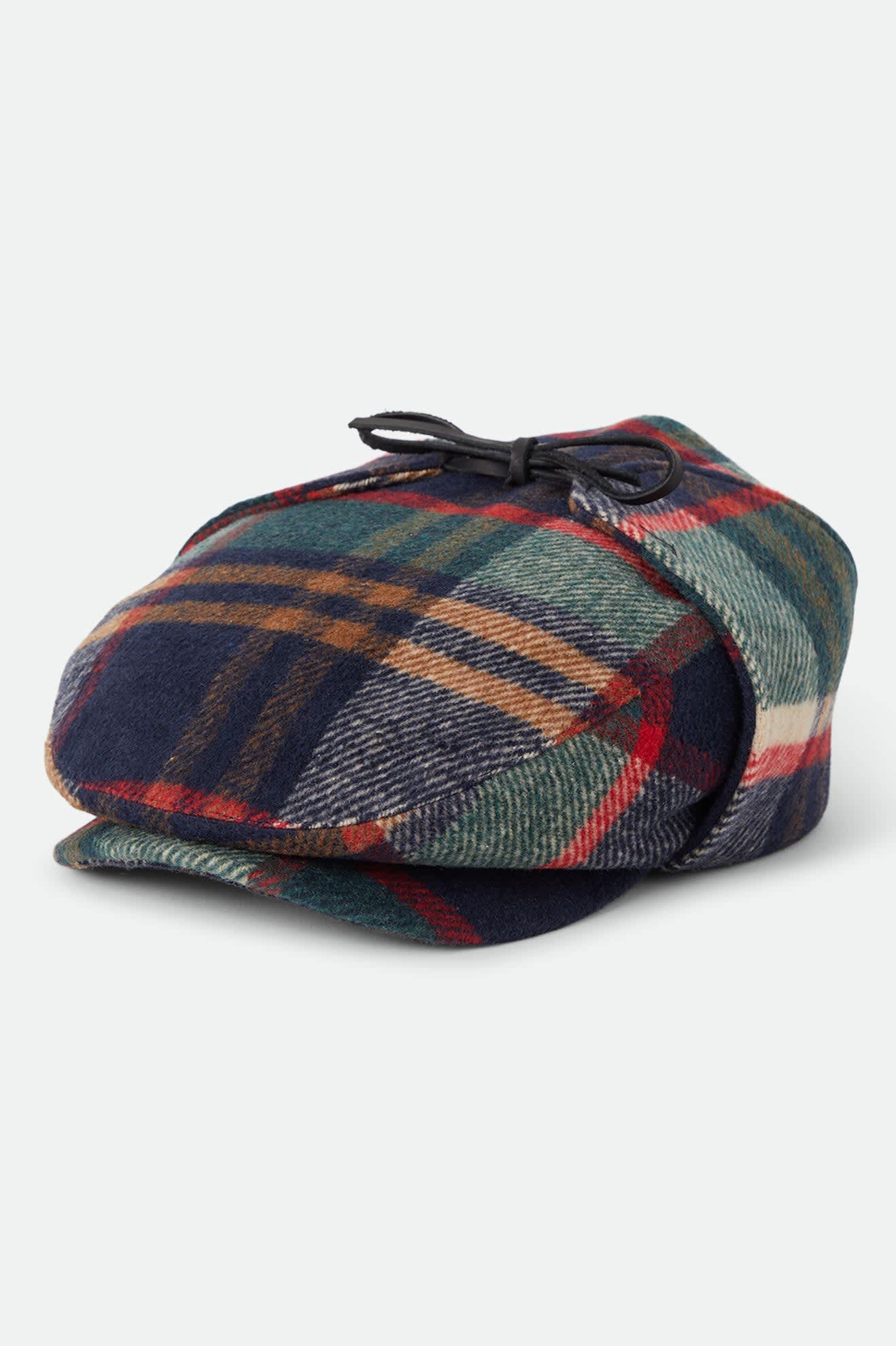 Unisex Barrel Earflap Snap Cap in the color Navy/Green/Red/Cream - Front Product View