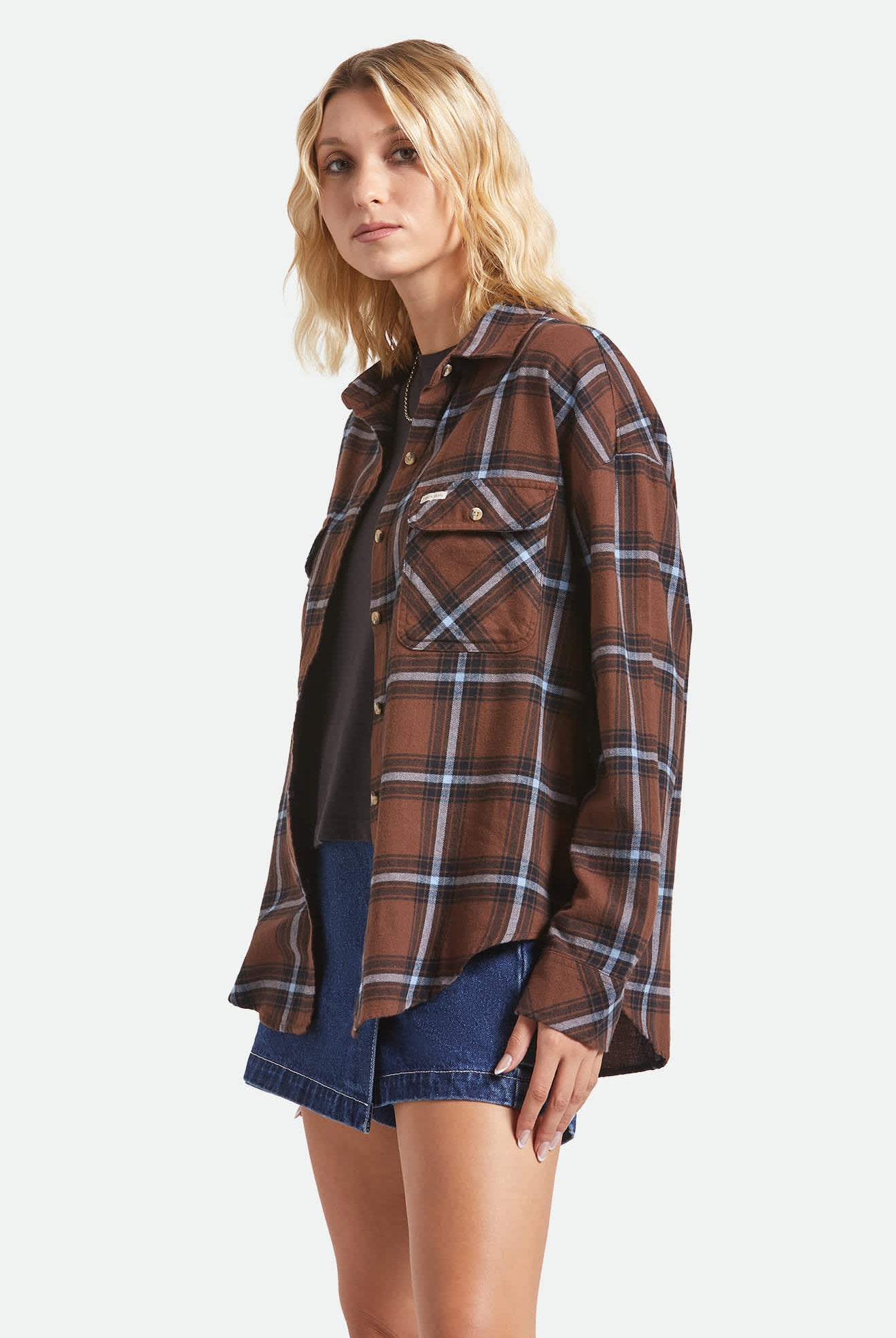 Women's Bowery Vintage Overshirt in the color Pinecone Brown/Black/Borrowed Blue - Women's Side View