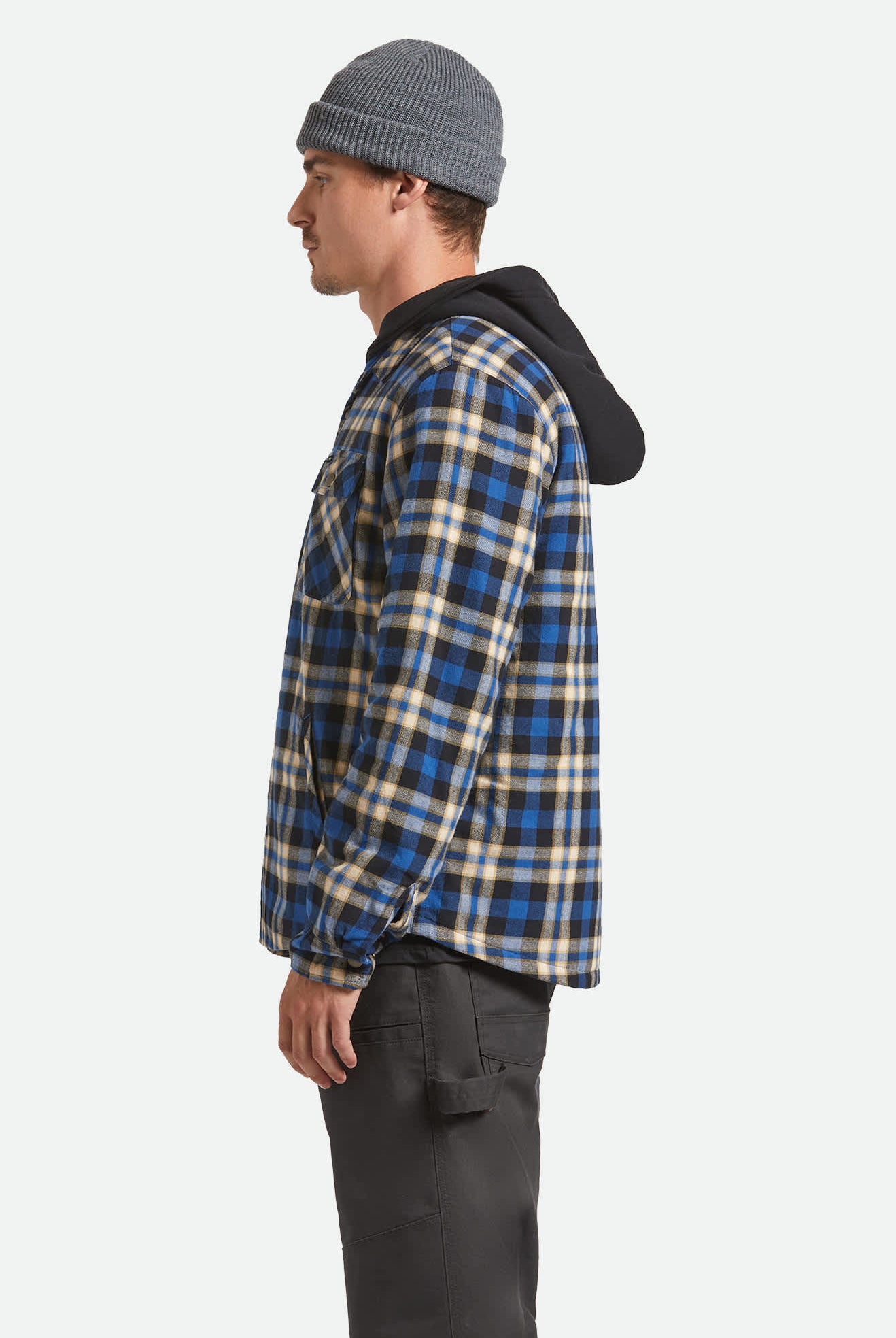 Men's Bowery Quilited Hooded Flannel in the color Navy/Cream - Men's Side View