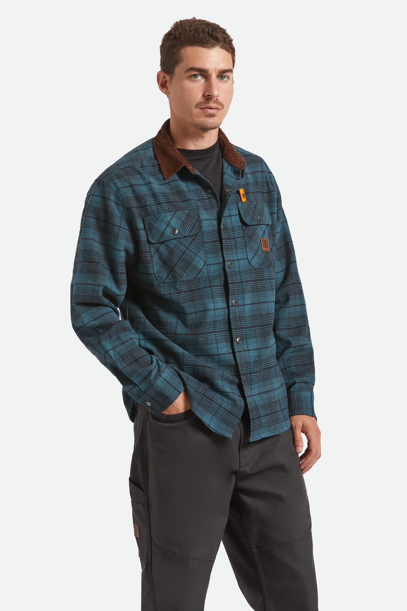 Men's Builders Bowery Stretch Water Resistant Flannel in the color Night Sage/Black - Men's Front View
