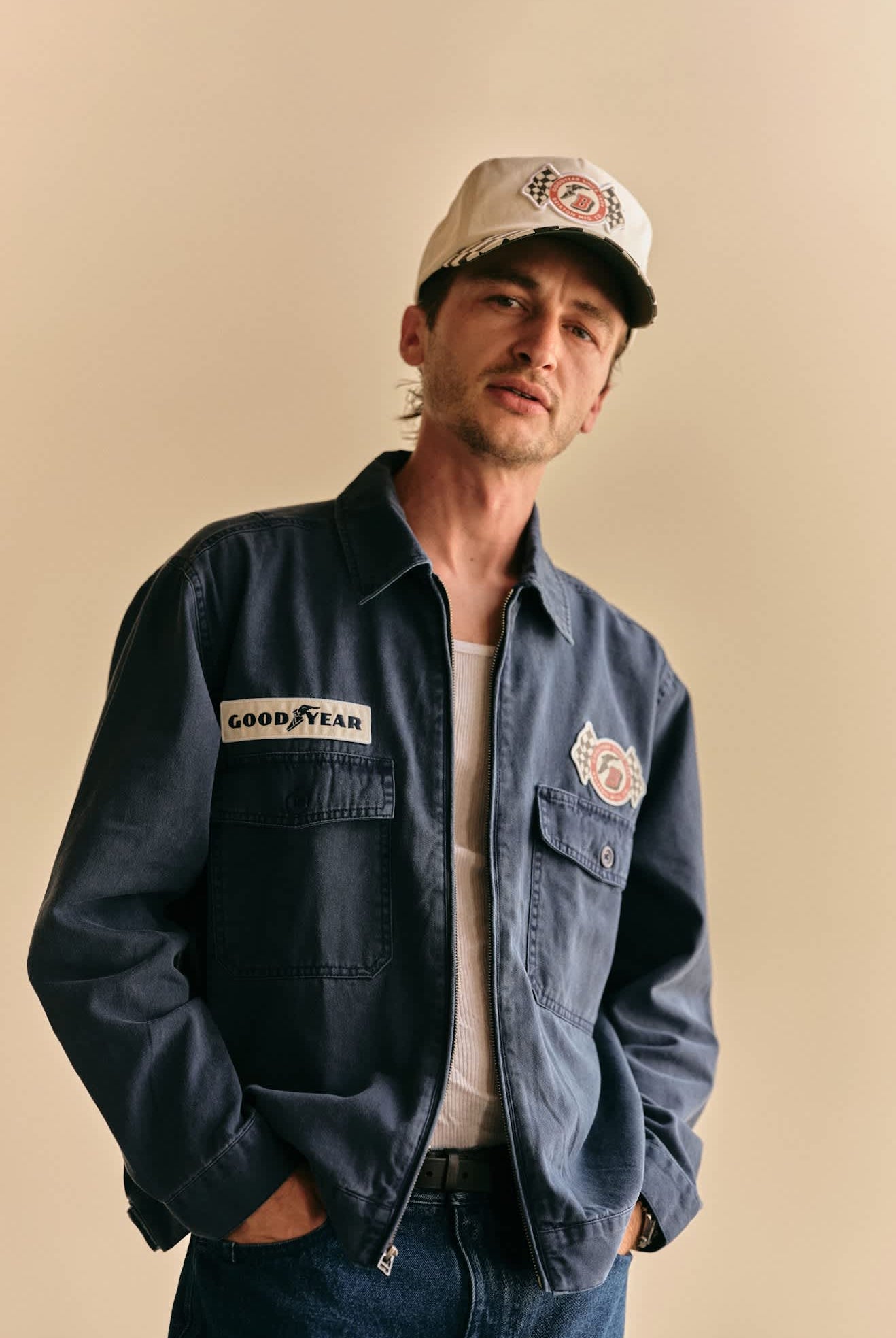 Men's Goodyear Trademark Lightweight Coaches Jacket in the color Washed Navy - Men's Front View