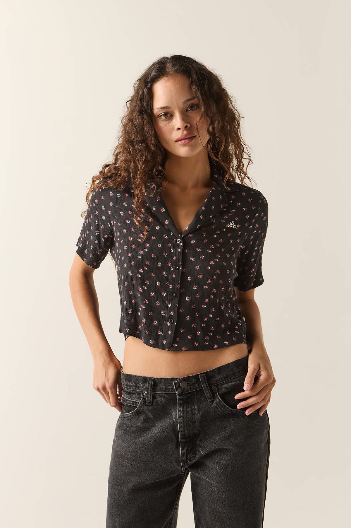 Women's Silky Bowling Button Down Shirt in the color Black Ditsy Floral - Women's Front View
