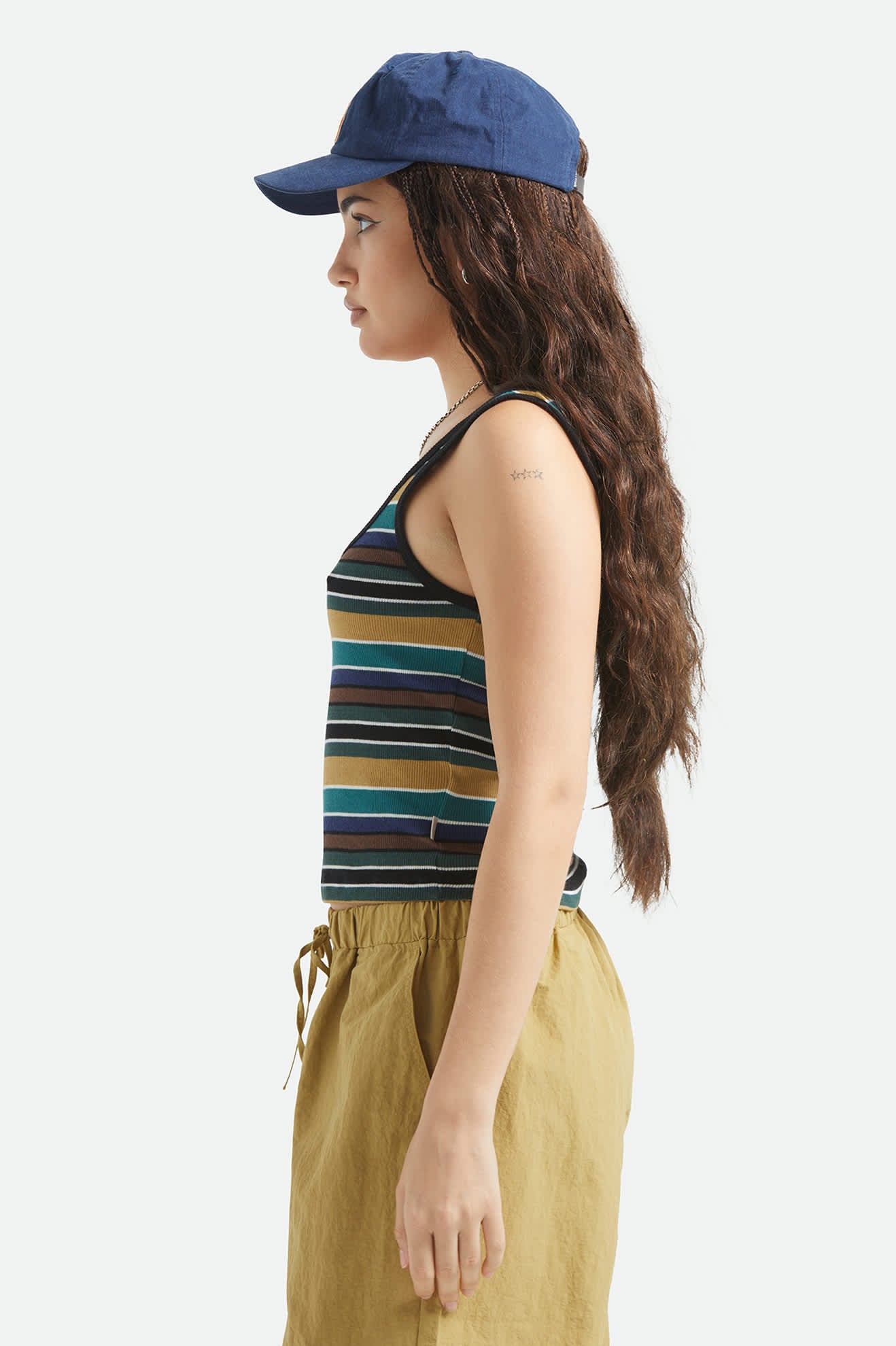 Women's Ringer Organic A-Tank in the color Multi Retro Stripe - Women's Side View