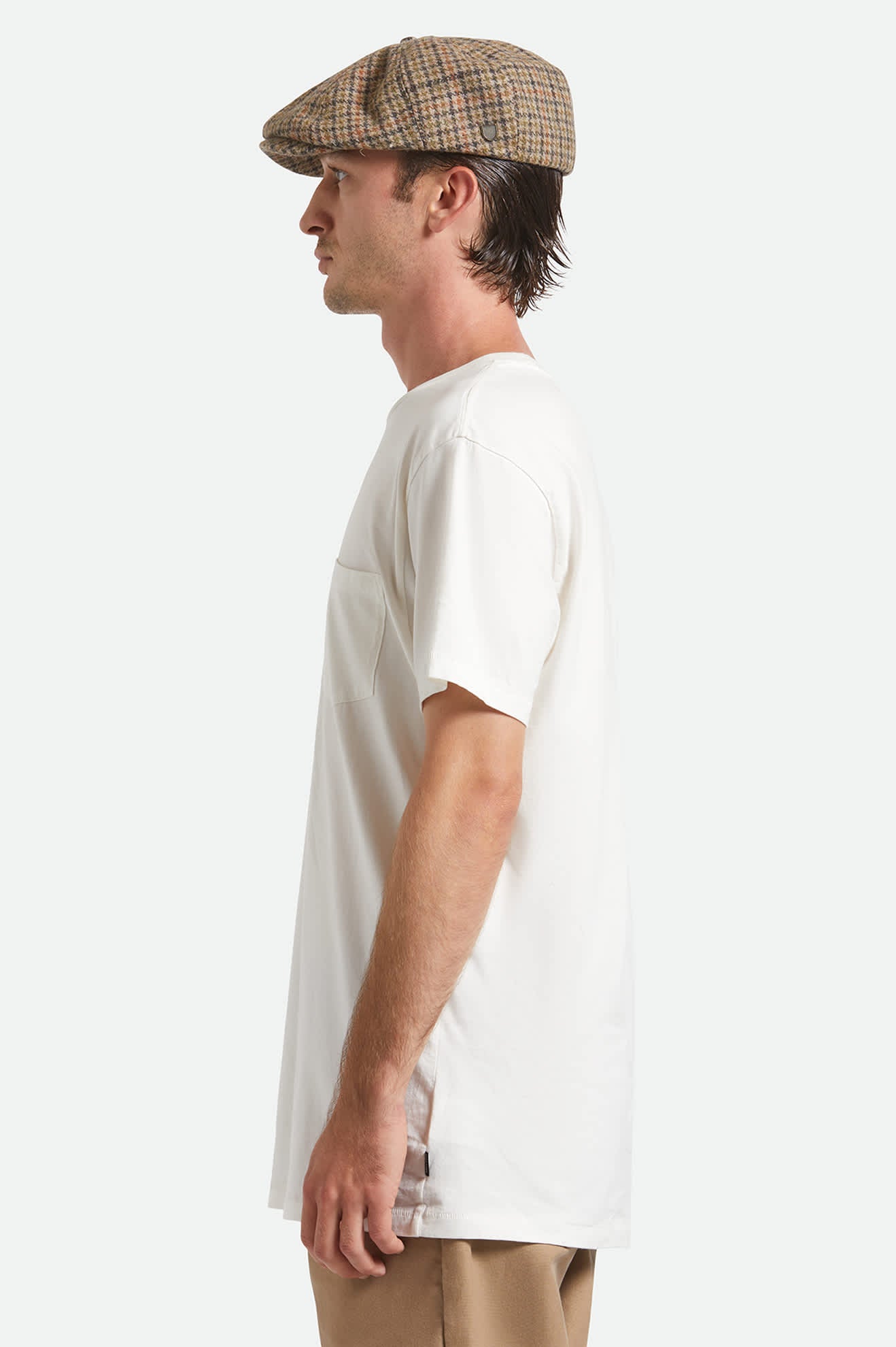 Unisex Brood Newsboy Cap in the color Oatmeal/Charcoal Houndstooth - Men's Side View