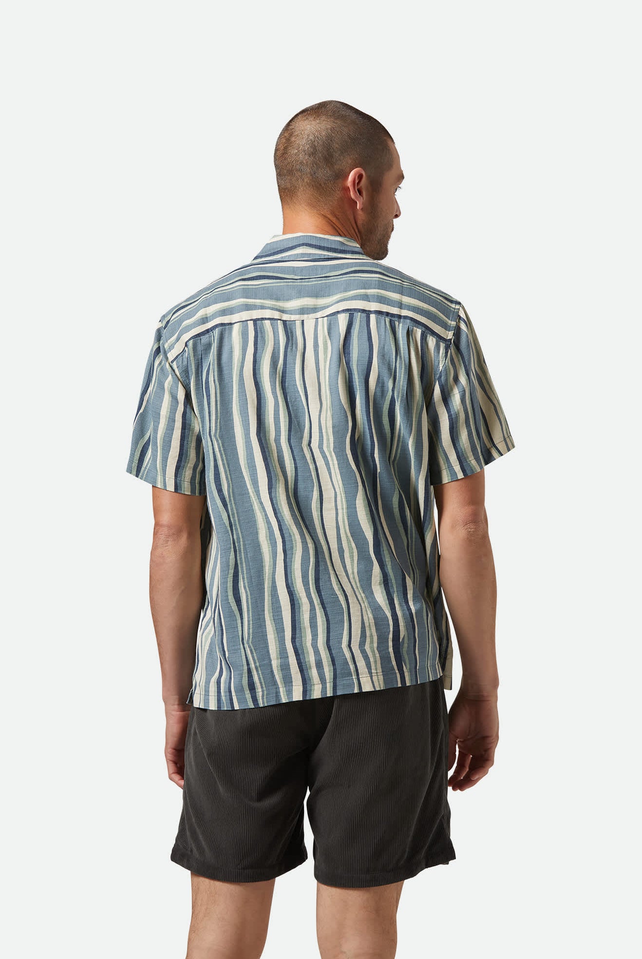 Men's CRU Slub Relaxed S/S Shirt in the color Basalt Blue/Painterly Stripe - Men's Back View