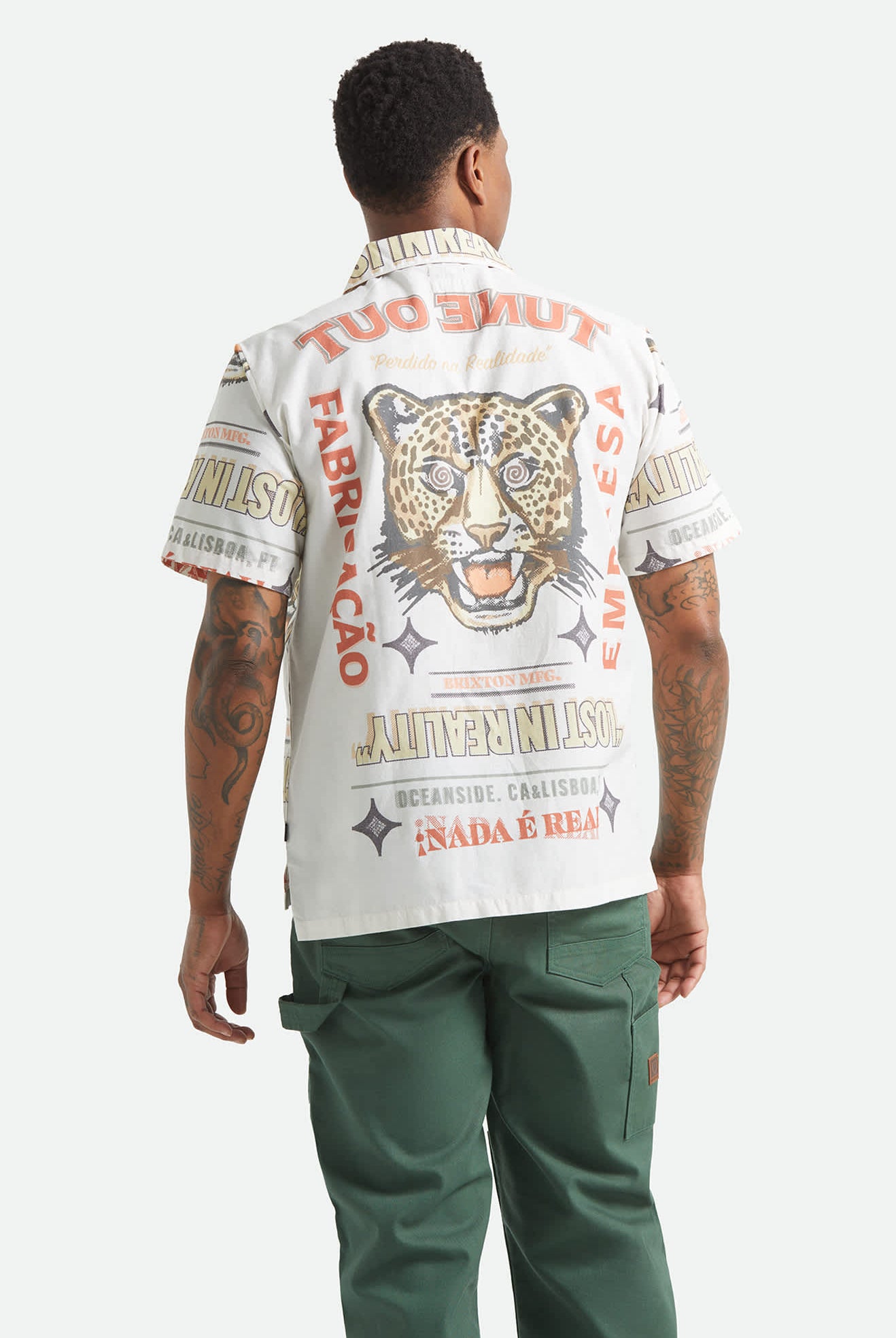 Men's Bunker Twisted Stripe Short Sleeve Camp Collar Shirt in the color Lost In Reality Print - Men's Back View