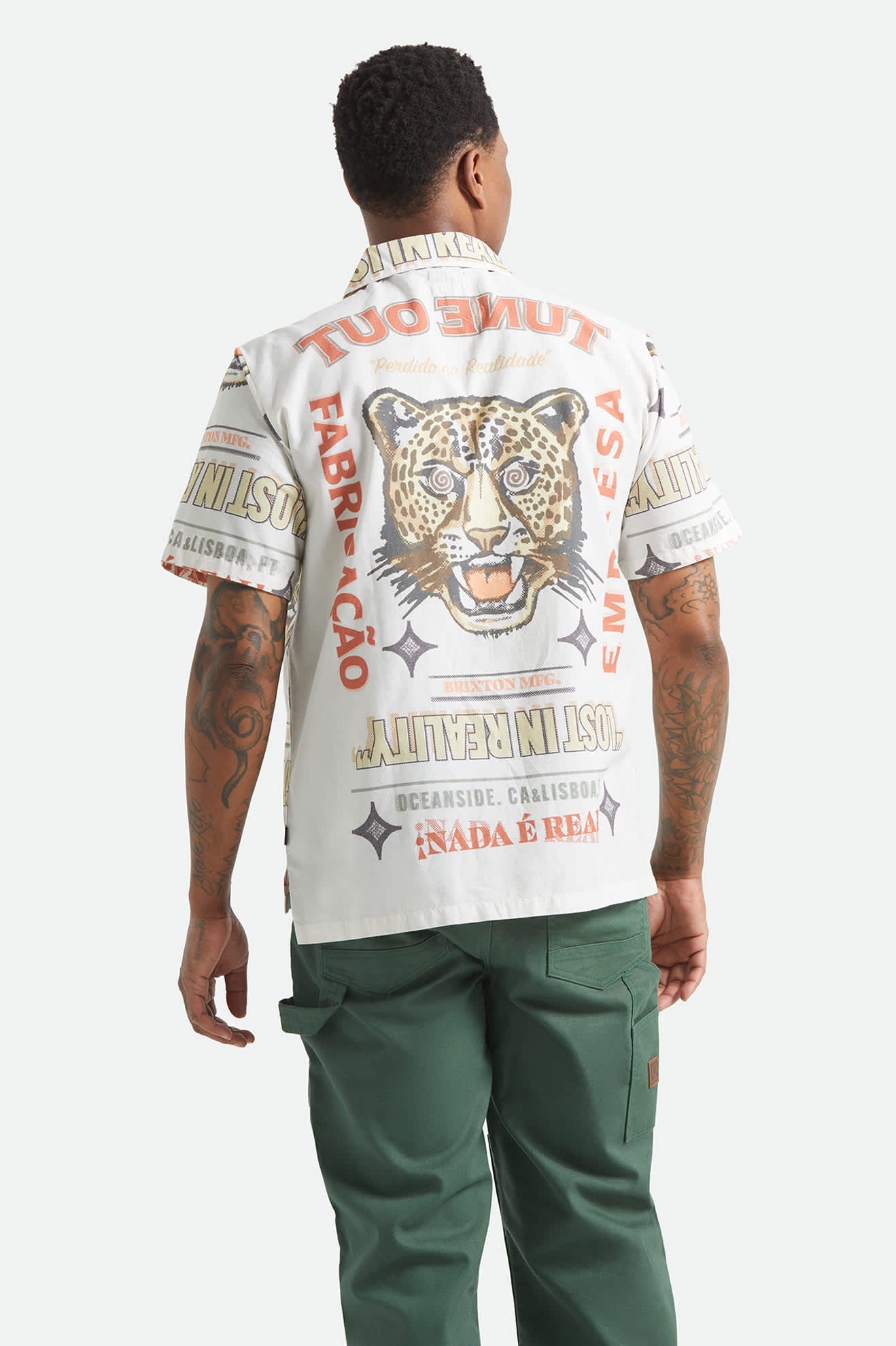 Men's Bunker Twisted Stripe Short Sleeve Camp Collar Shirt in the color Lost In Reality Print - Men's Back View