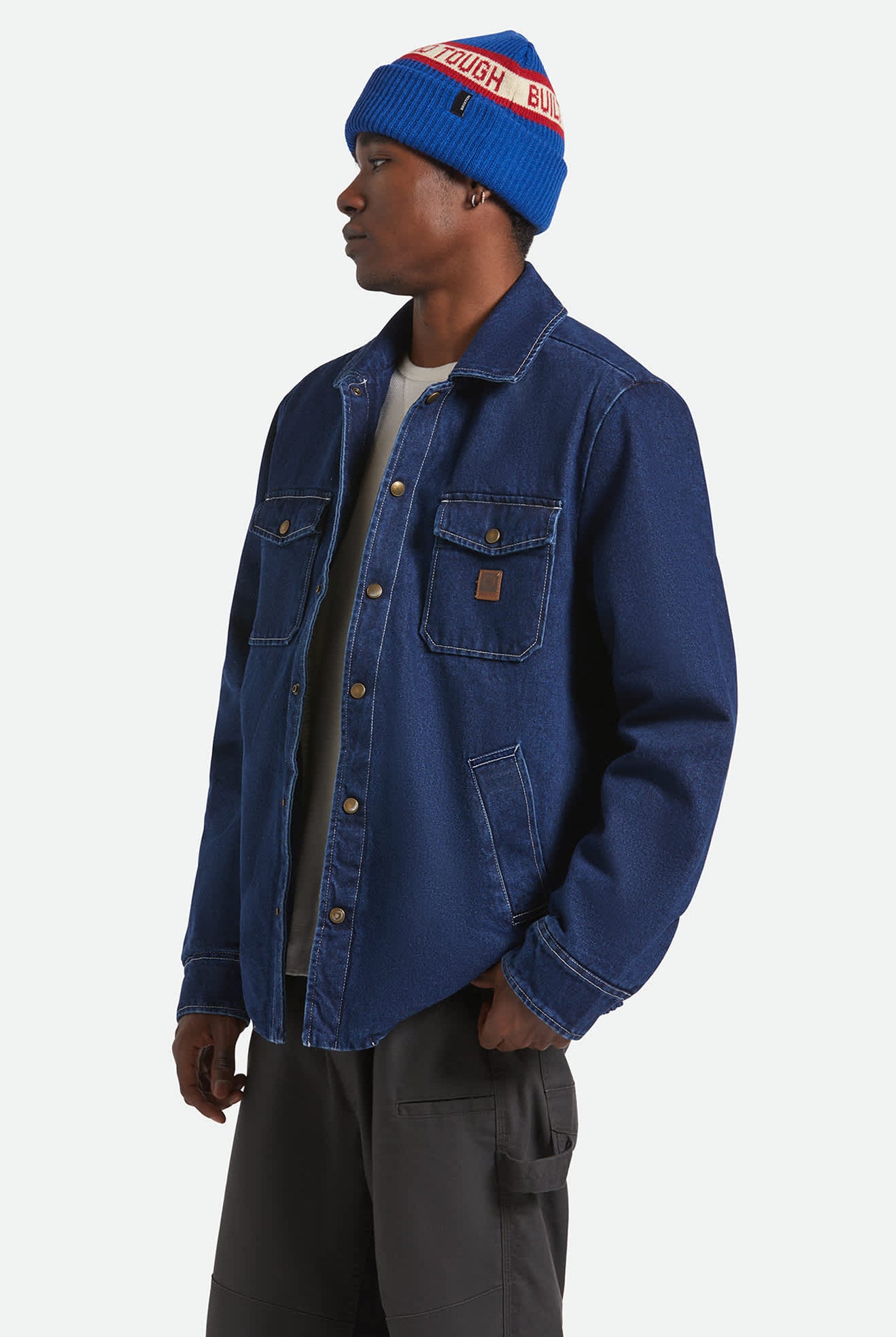 Men's Durham Sherpa Lined Jacket in the color Medium Wash Denim - Men's Side View
