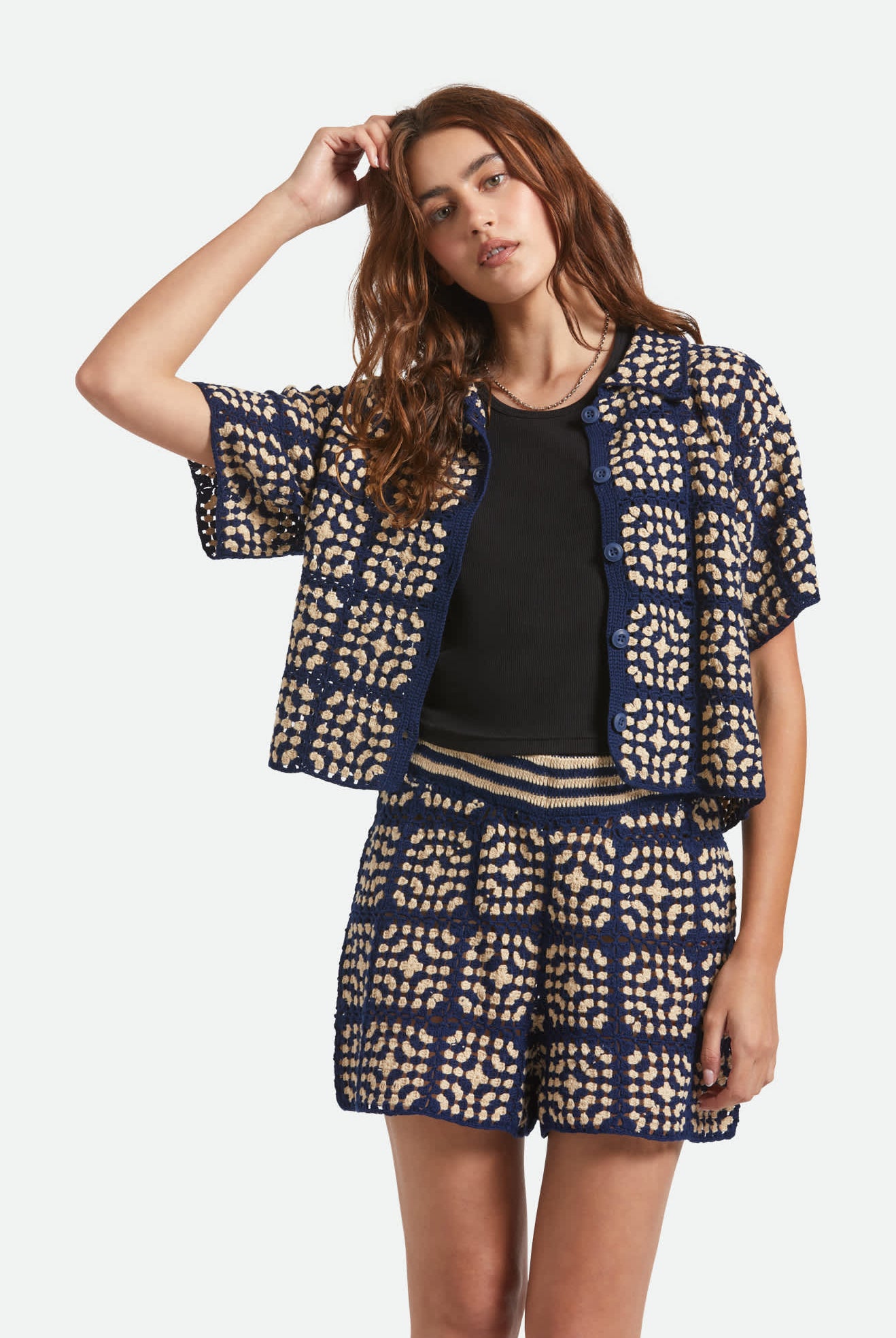 Women's Crochet S/S Button Down in the color Mood Indigo/Off White - Women's Front View