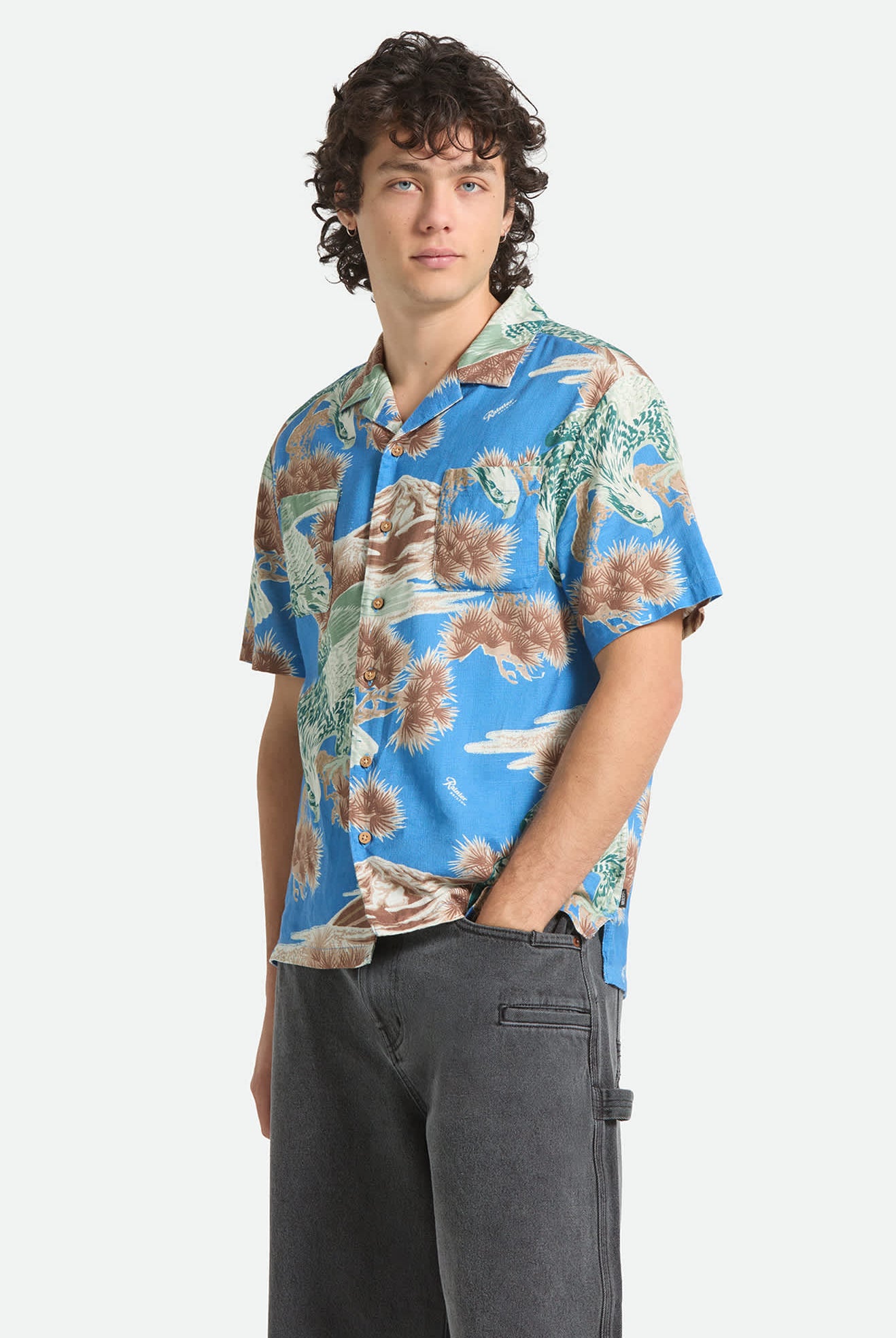 Men's Rainier X Brixton Short Sleeve Shirt in the color Blue Sky - Men's Front View