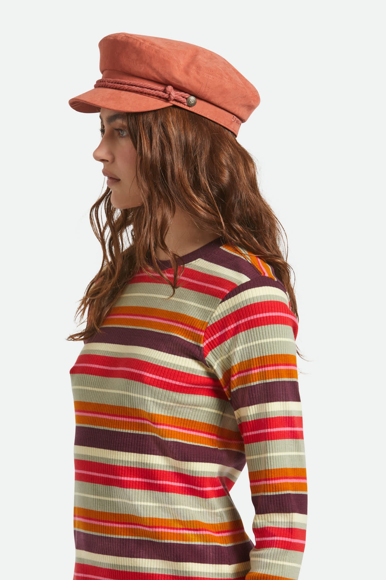 Women's Fiddler Fisherman Cap in the color Terracota Brushed Satin - Women's Side View