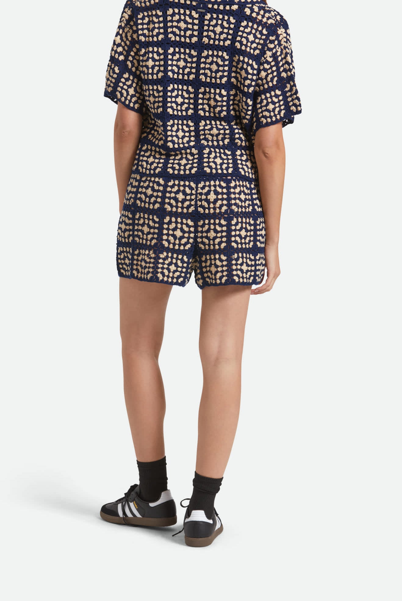 Women's Crochet Short in the color Mood Indigo/Off White - Women's Back View