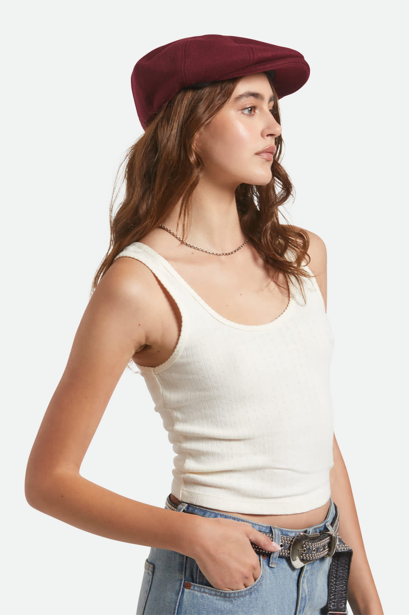 Unisex Brood Newsboy Cap in the color Port - Women's Side View