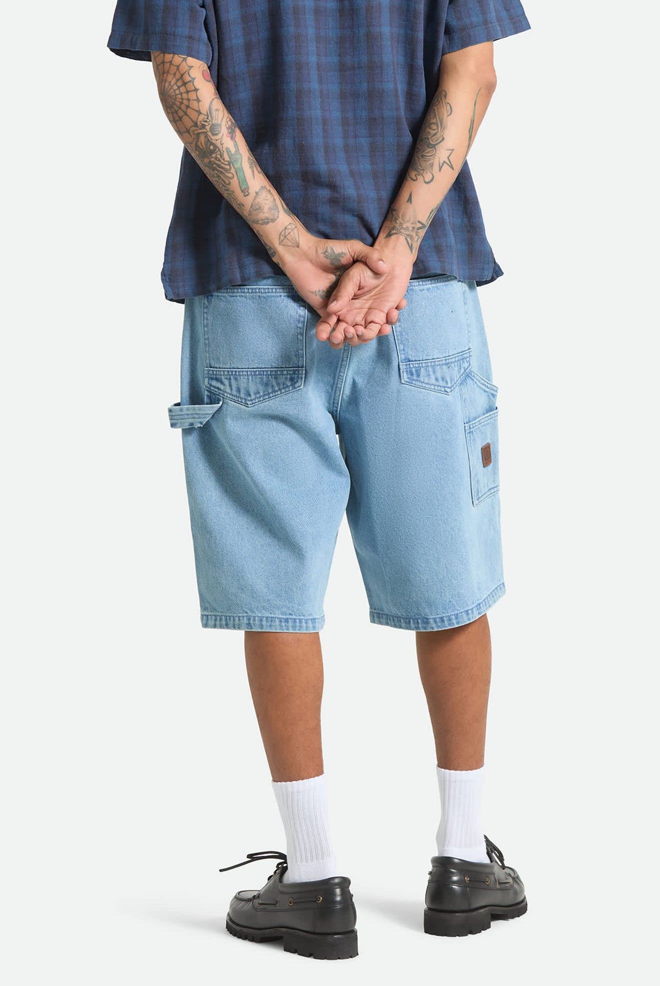 Men's Builders Carpenter Baggy Short in the color Washed Blue Denim - Men's Back View