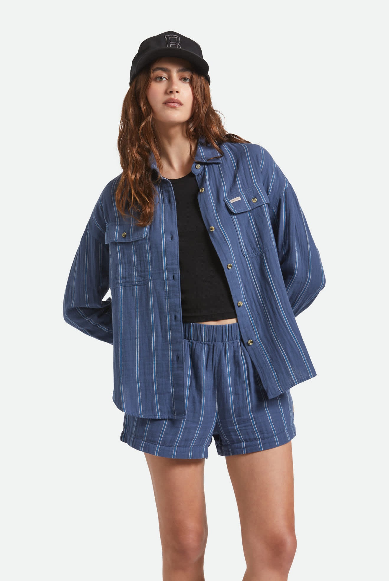 Women's Wandering L/S Overshirt in the color Berring Sea/White - Women's Front View