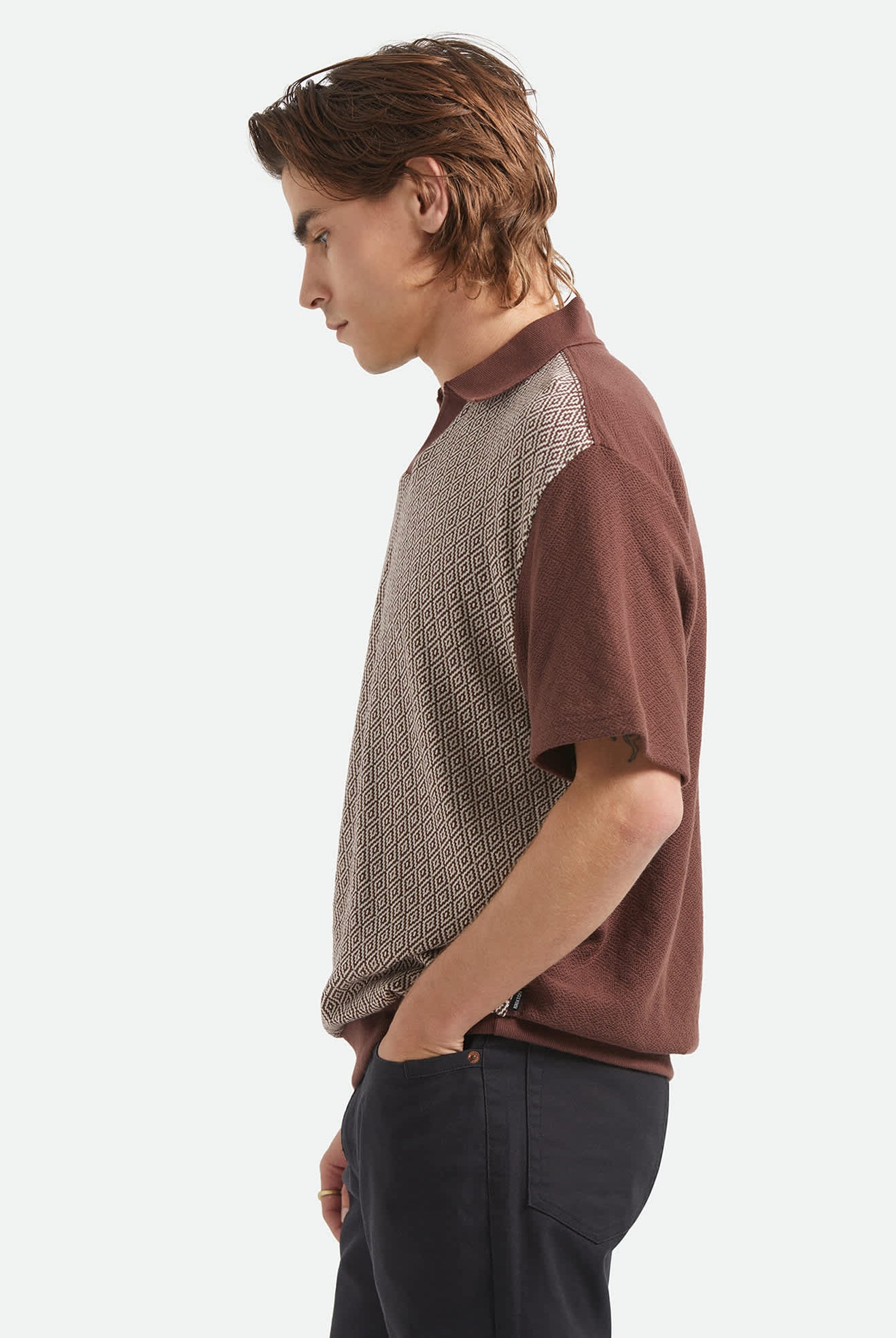 Men's Theo Jacquard Short Sleeve Polo in the color Chocolate/Off White - Men's Side View