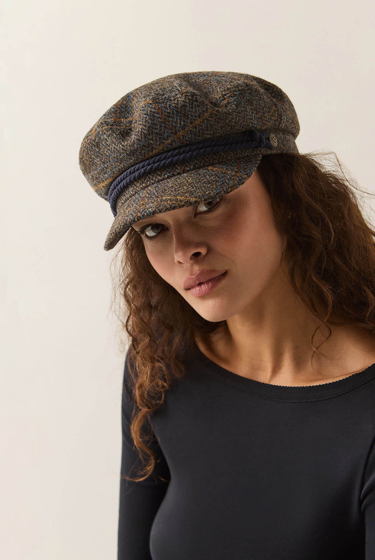 Unisex Fiddler Fisherman Cap in the color Slate Blue/Sepia/Orange - Women's Front View