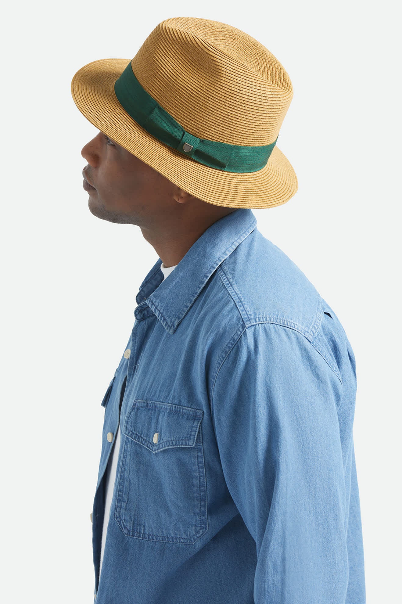 Unisex Roma Straw Packable Fedora in the color Dark Tan/Primal Green - Men's Side View