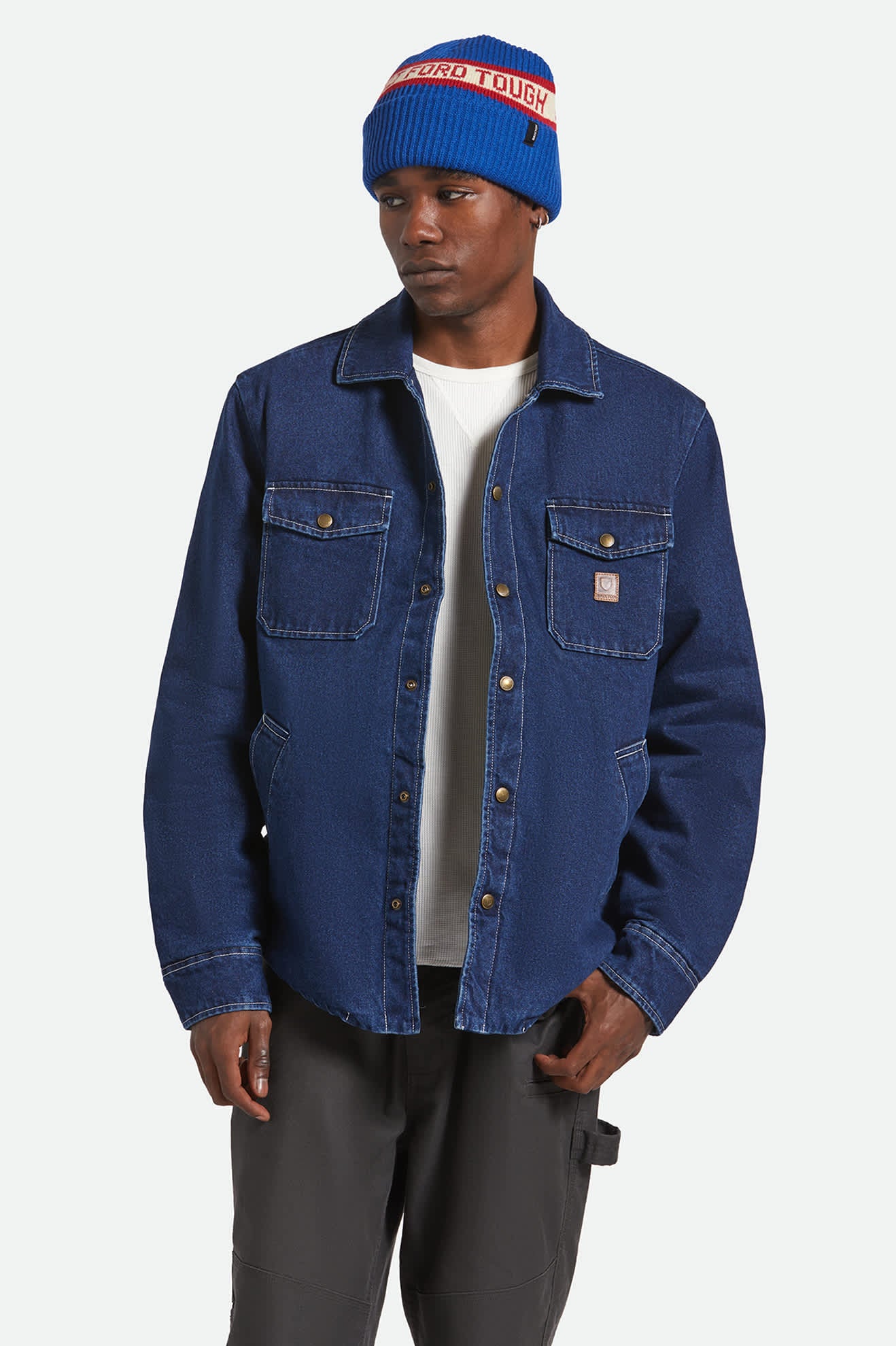 Men's Durham Sherpa Lined Jacket in the color Medium Wash Denim - Men's Front View