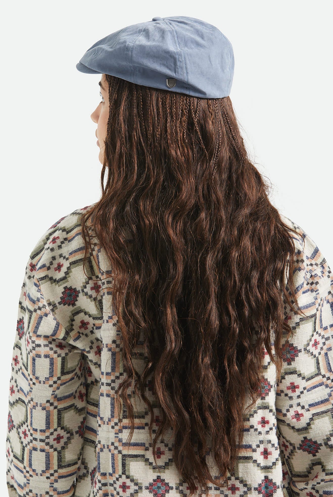 Unisex Brood Newsboy Cap in the color Slate Blue Brushed Satin - Women's Back View