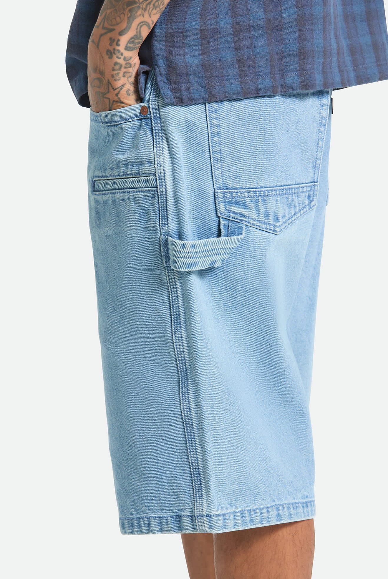 Men's Builders Carpenter Baggy Short in the color Washed Blue Denim - Men's Side View