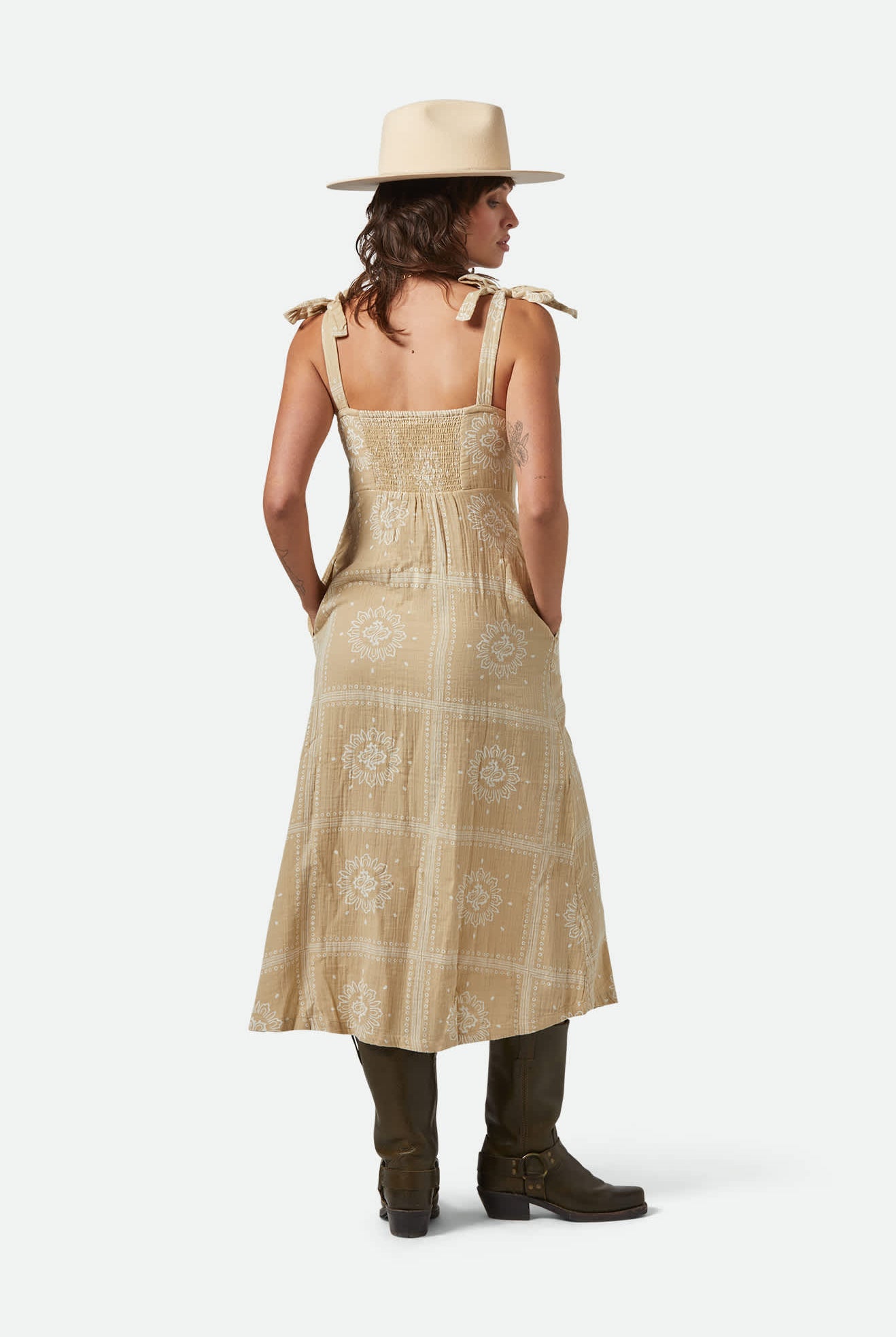 Women's Wandering Tie Dress in the color Pale Khaki Bandana - Women's Back View
