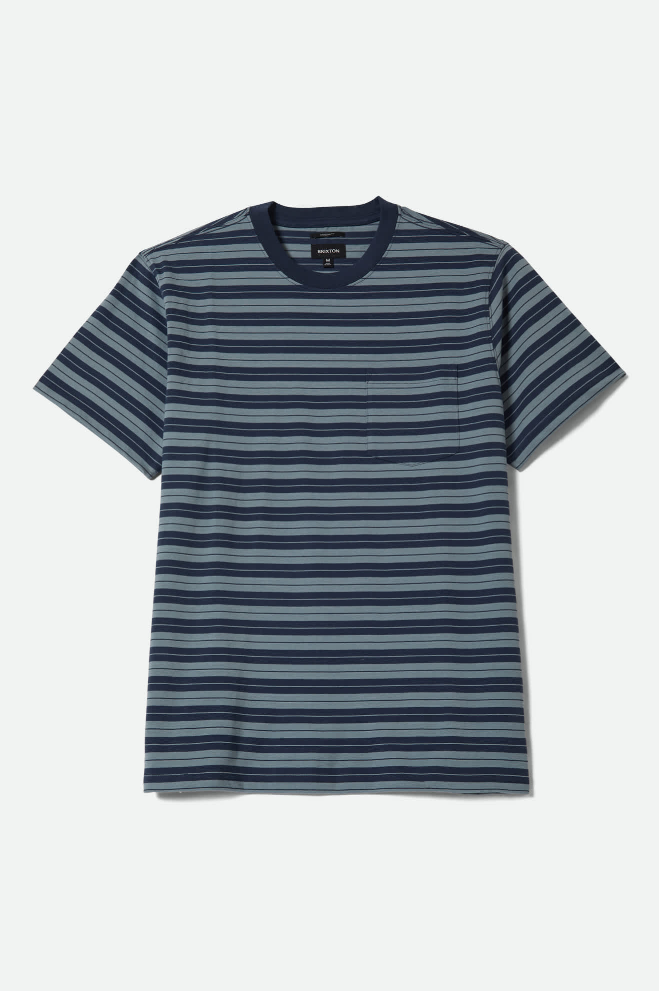 Men's Nova Stripe Short Sleeve Pocket T-Shirt in the color Midnight Blue/Future Grey Worn Wash - Front Product View