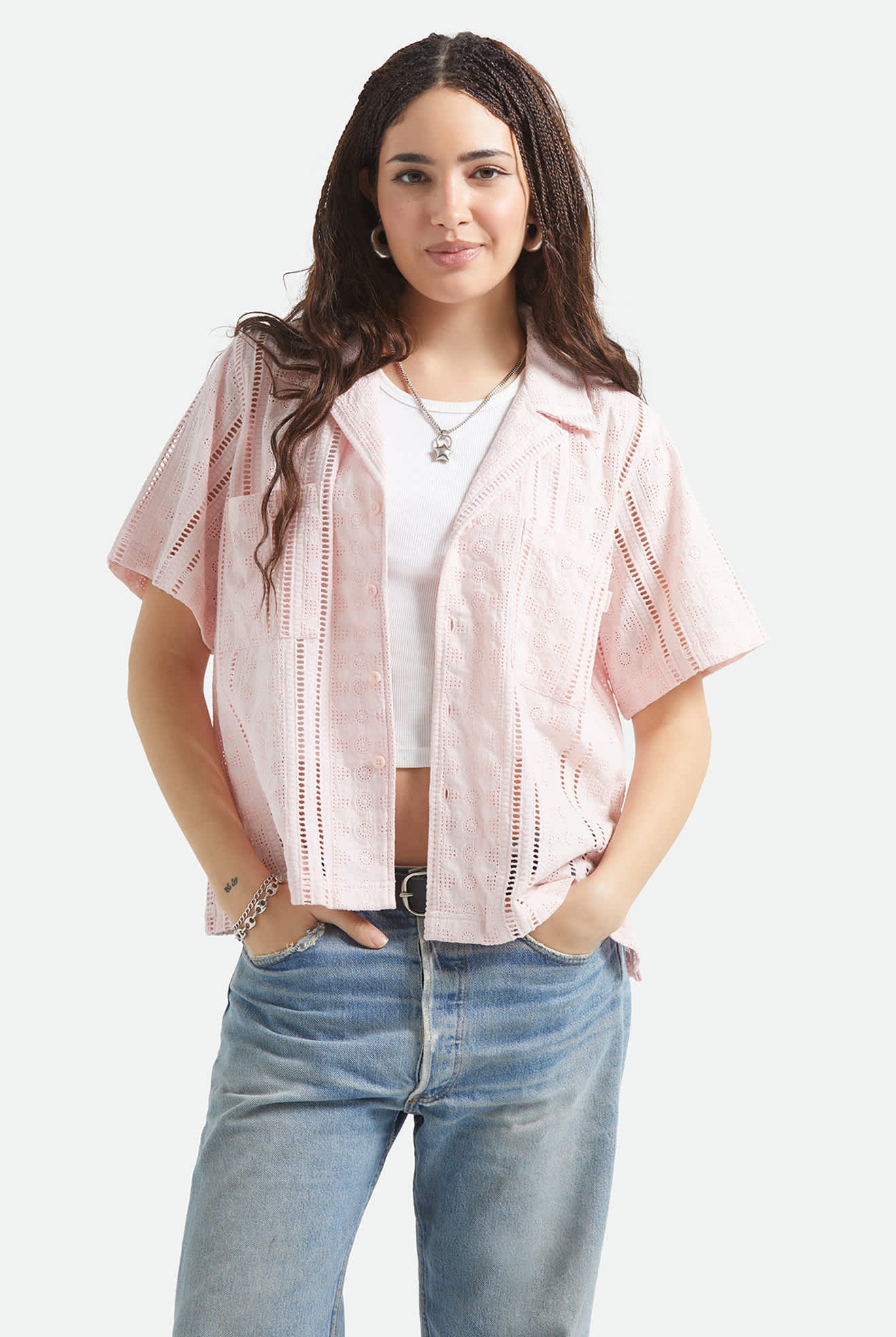 Women's Paradise Lounge Short Sleeve Shirt in the color Chalk Pink - Women's Front View