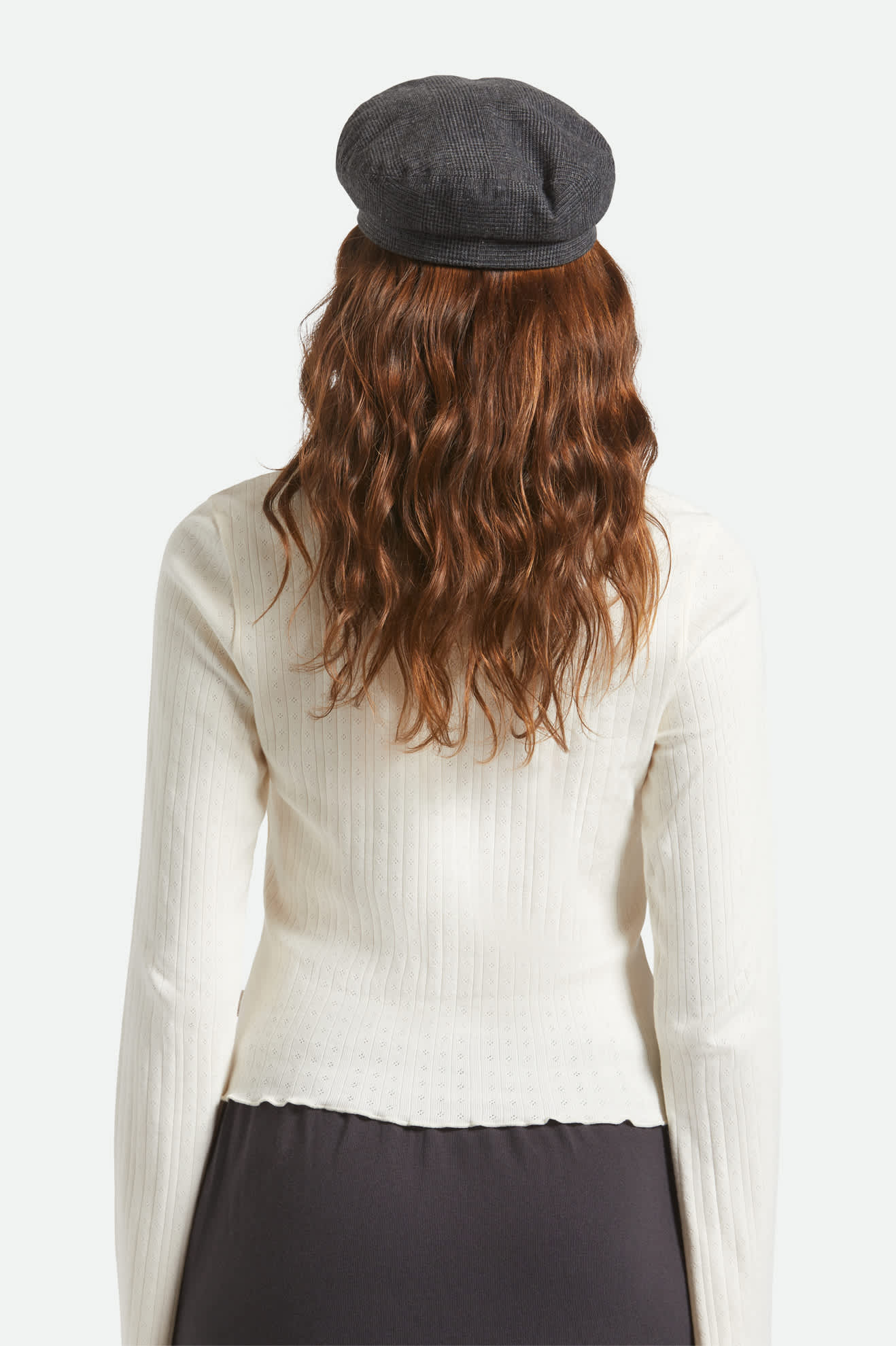 Unisex Fiddler Fisherman Cap in the color Grey Shadow Plaid - Women's Back View