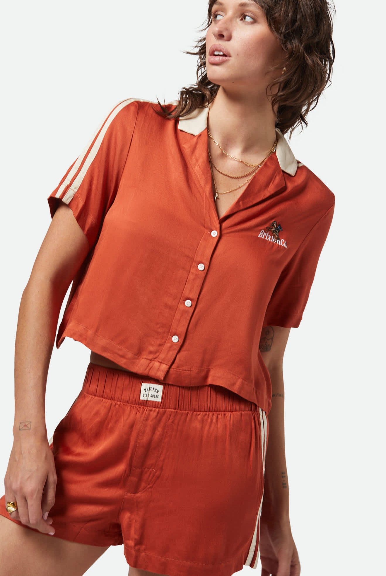 Women's Silky S/S Bowling Button Down in the color Burnt Brick - Women's Front View